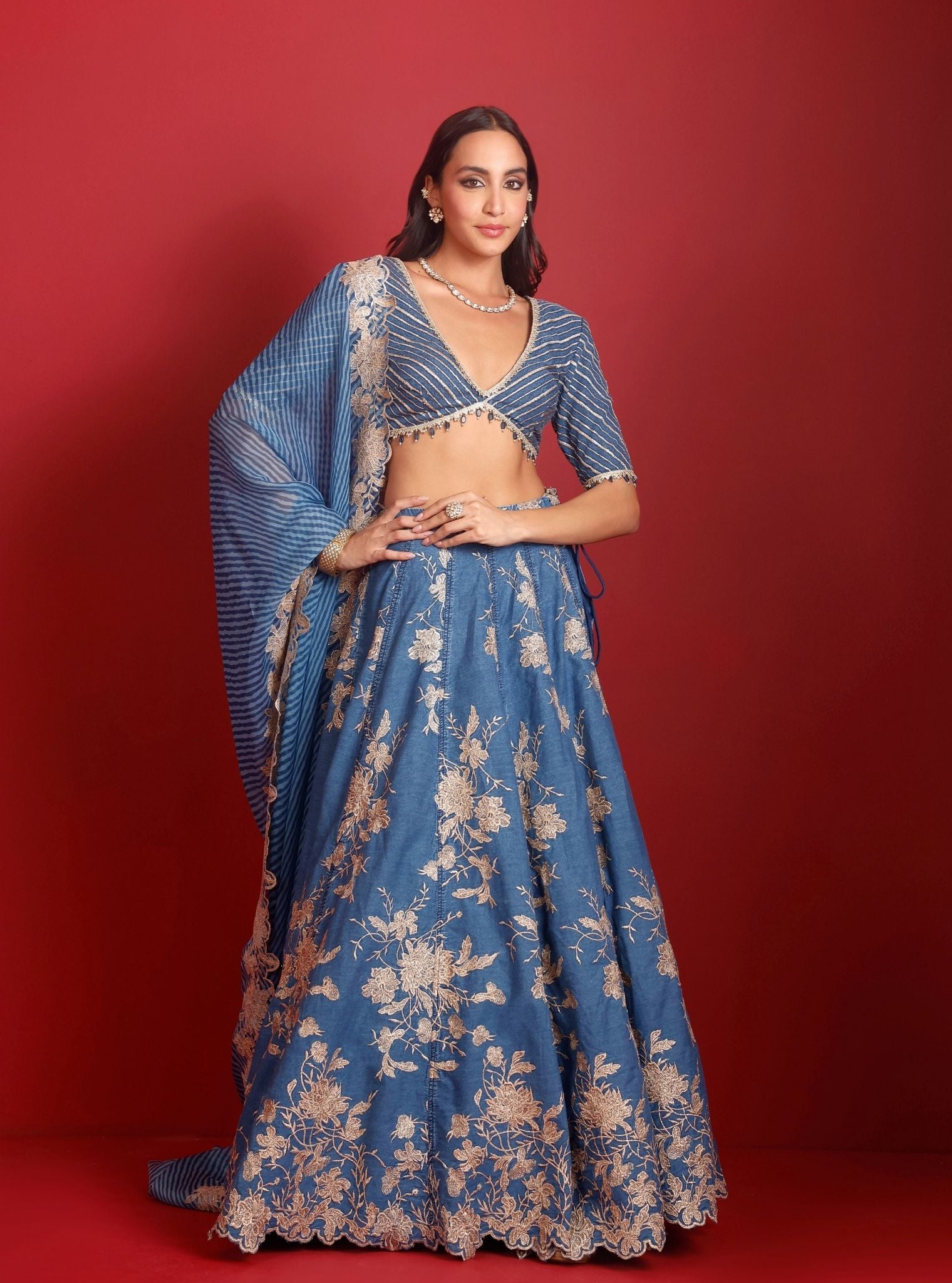 Mulmul Organza Stripe Printed Navi Denim Dupatta