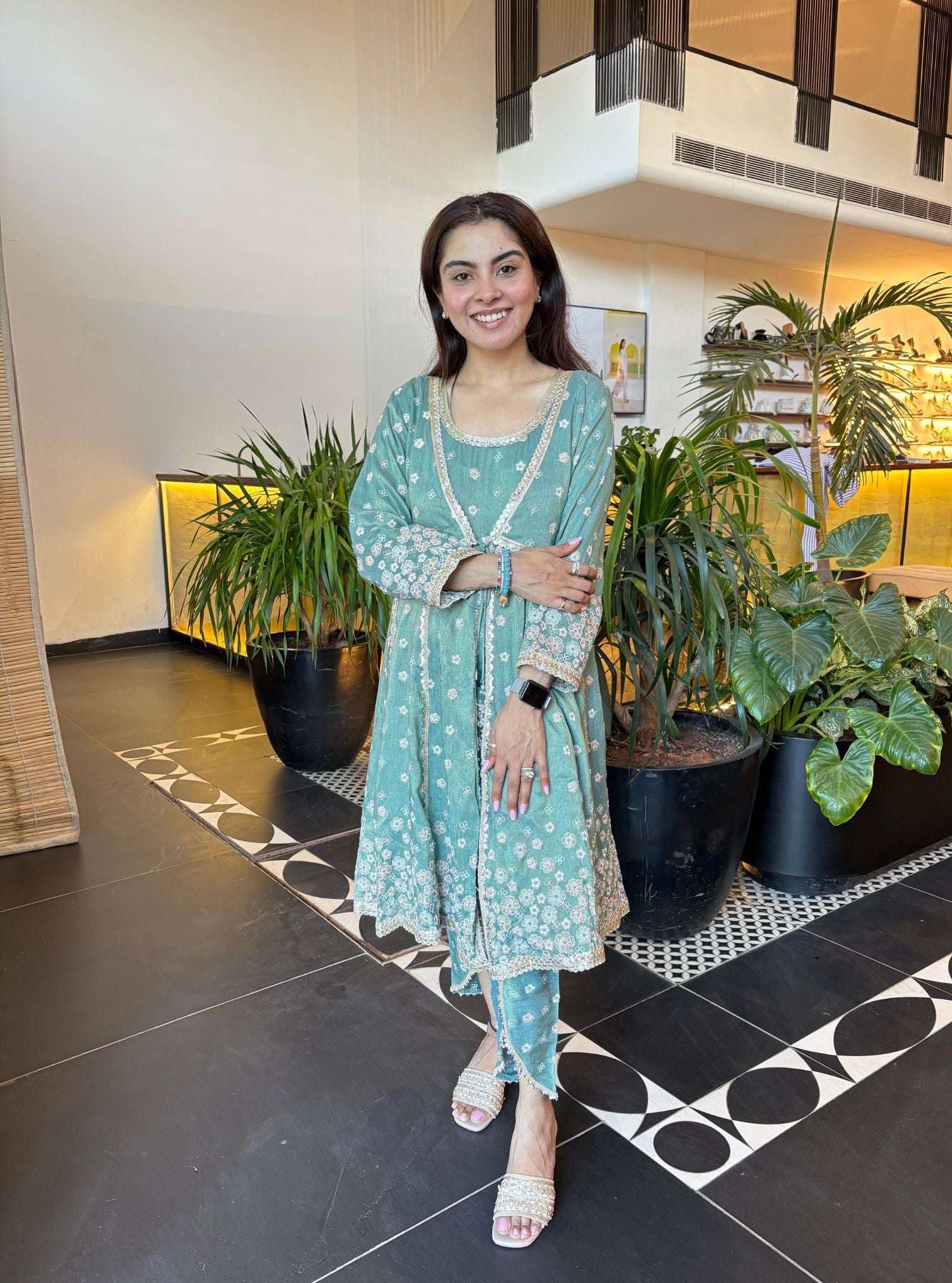 Mulmul Tissue Satin Sajeya Teal Blue Anarkali Kurta with Mulmul Luxe Tissue Satin Sajeya Teal Blue Dhoti Pant