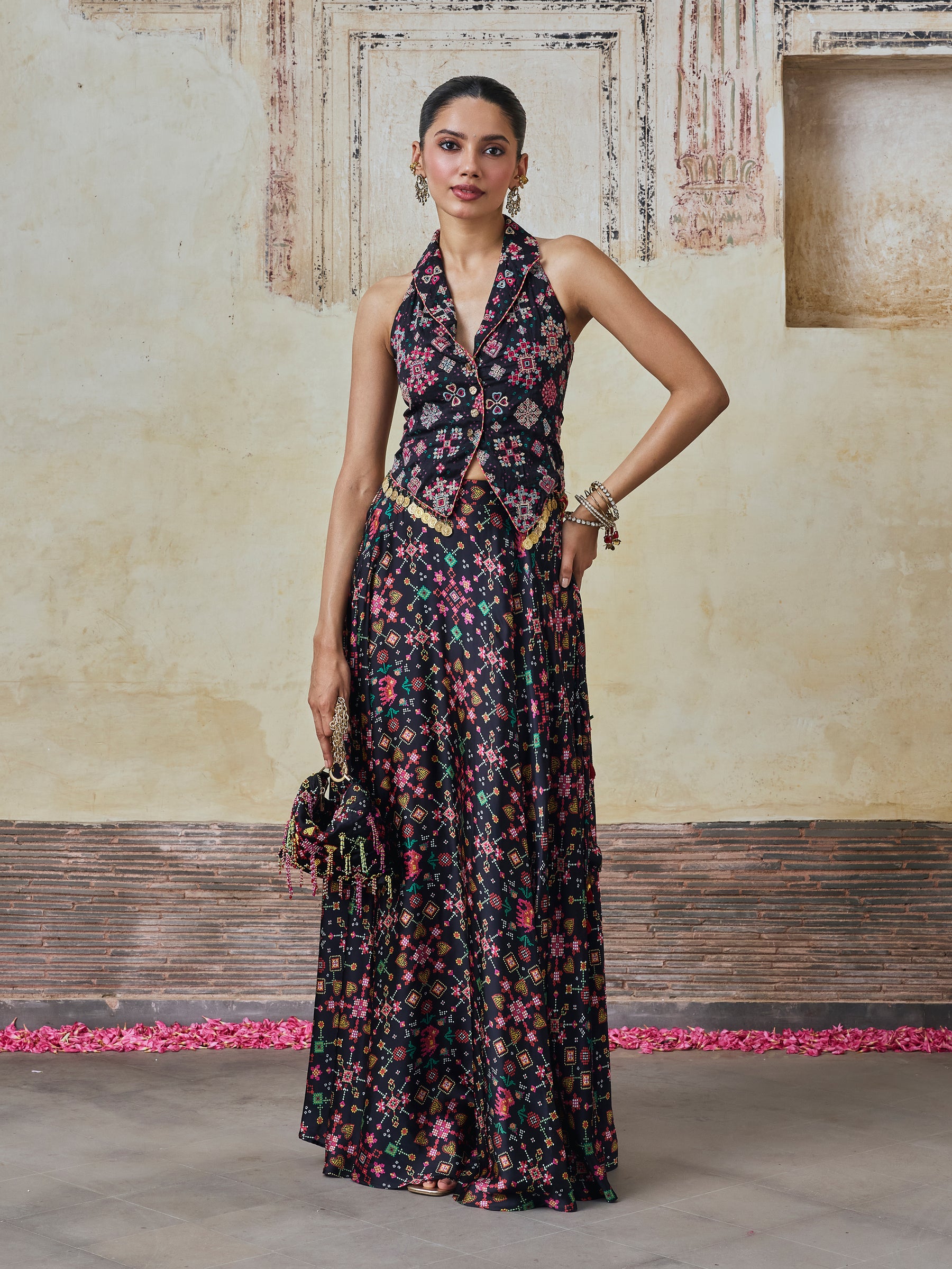 Sarangni Bemberg Raw Silk Printed Black Waistcoat & Skirt Set