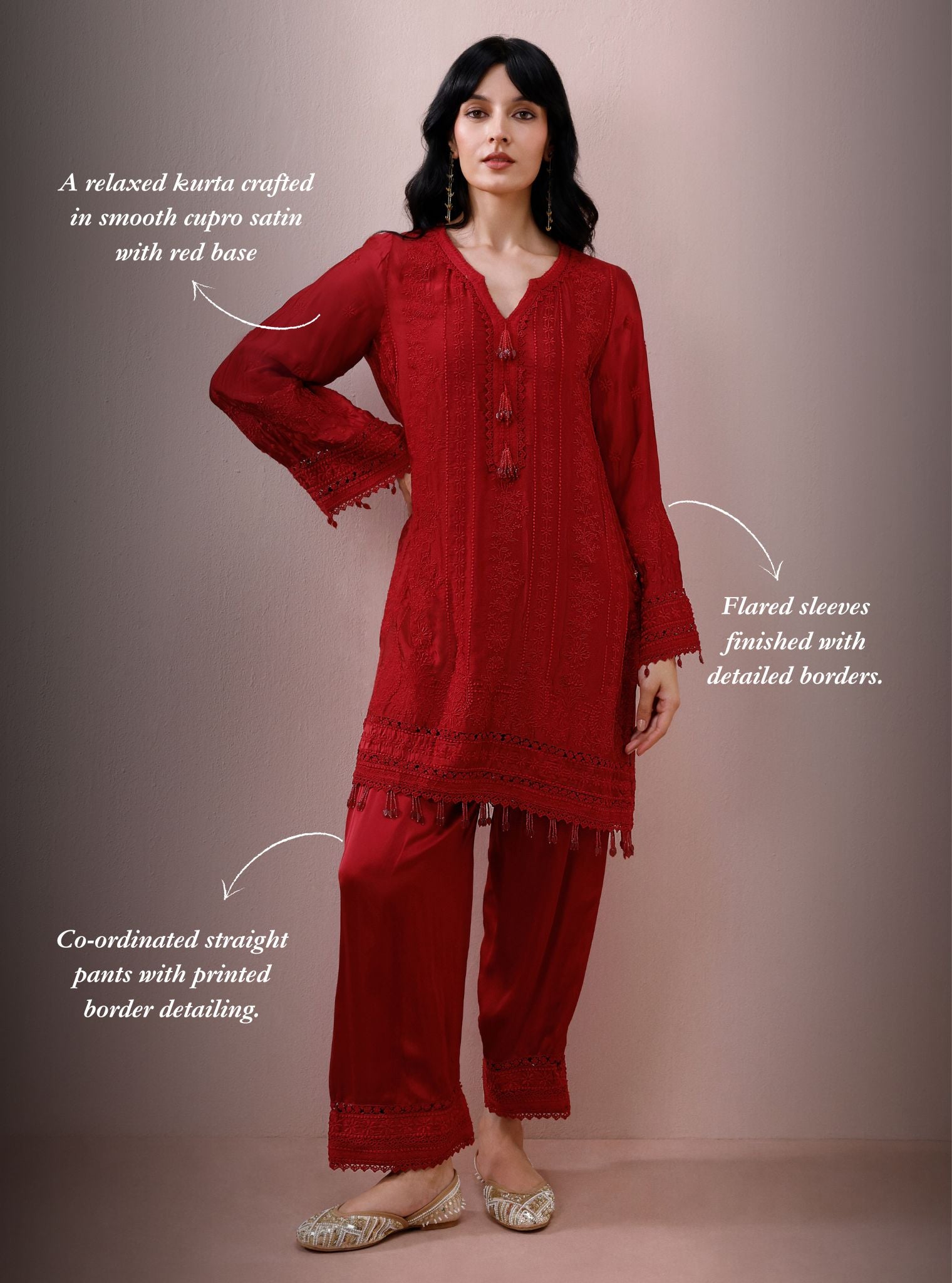 Zuri Cupro Satin Red Kurta With Farshi Salwar