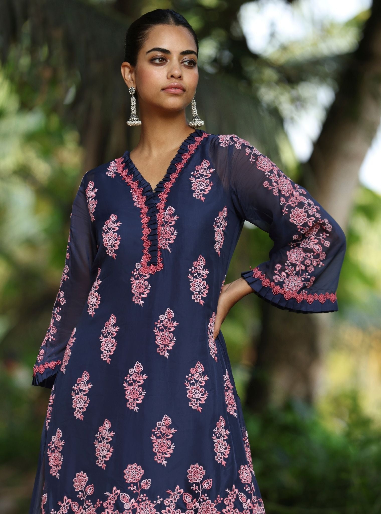 Mulmul Organza Valara Navy Kurta With Mulmul Cotton Valara Navy Pant