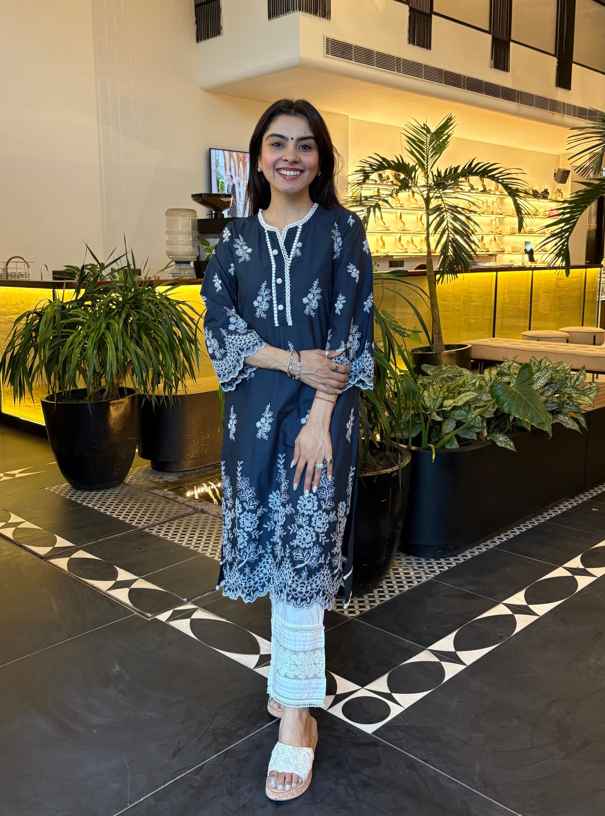 Moon Light Cotton Navy Kurta With New Pintuck White Pant