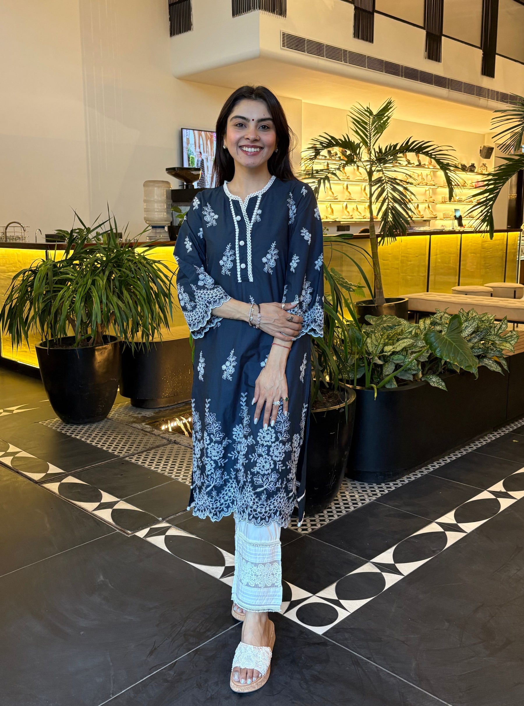 Moon Light Cotton Navy Kurta With New Pintuck White Pant