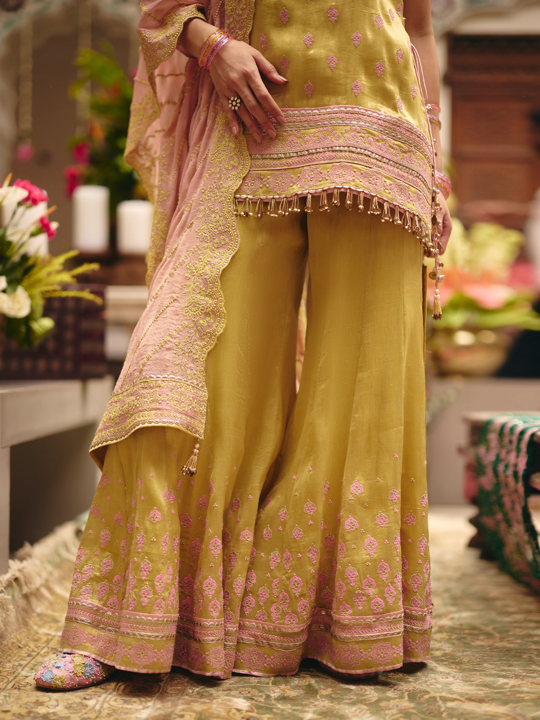 Jugal Bemberg Tissue Lime Kurta with Sharara