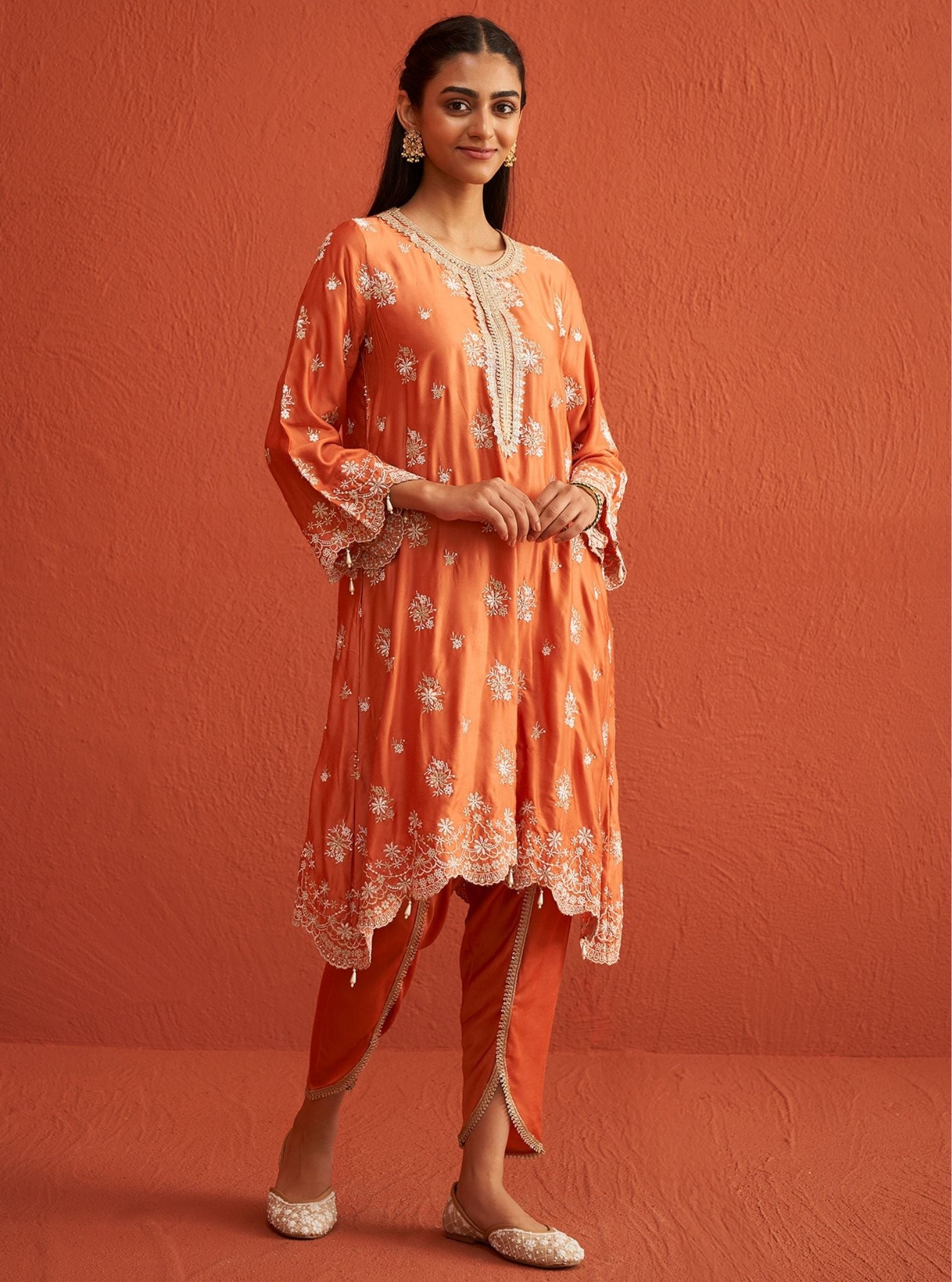 Mulmul Bemberg Satin Kangna Burnt Orange Kurta With Mulmul Bemberg Satin Kangna Burnt Orange Pant