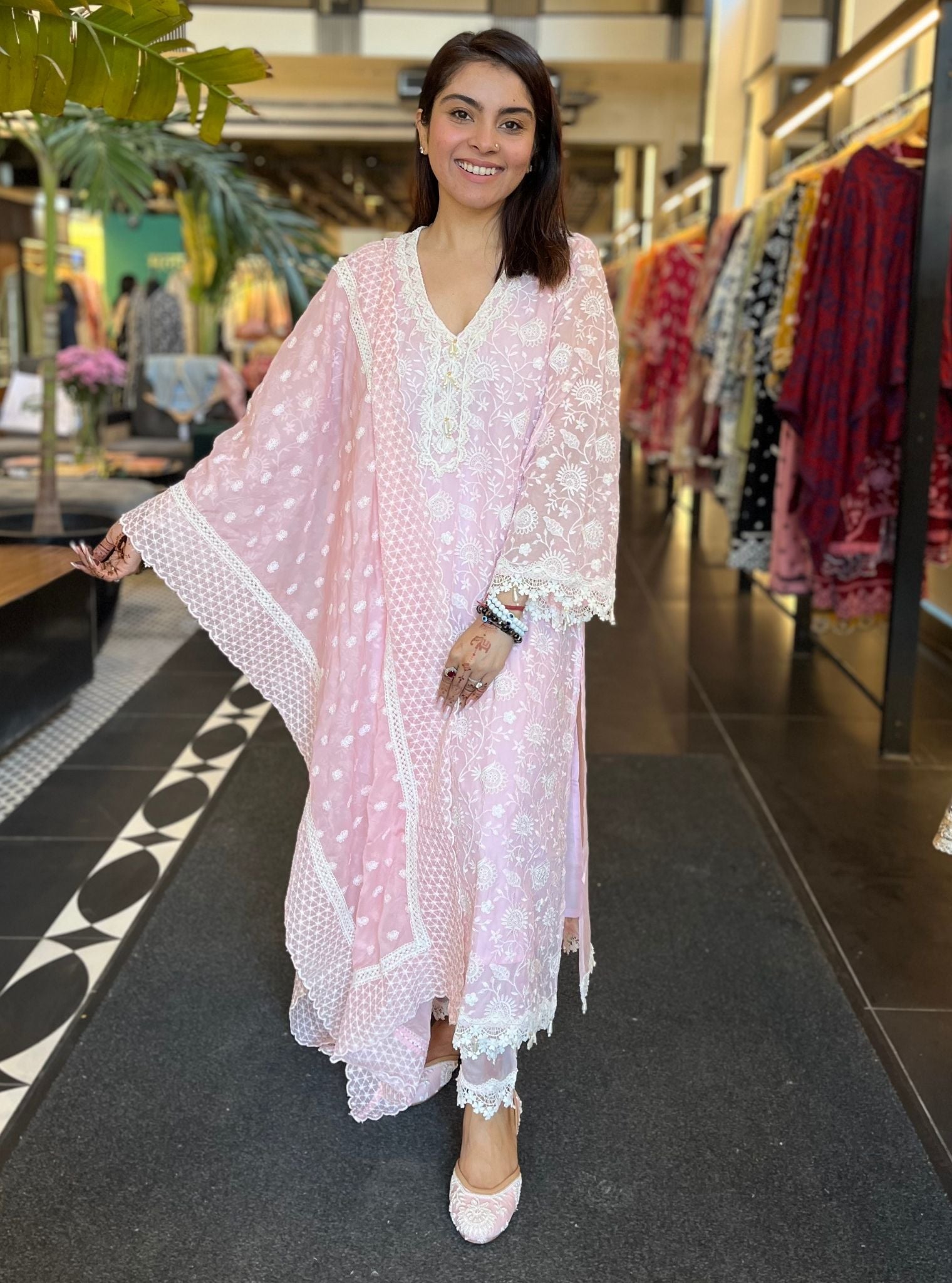 Mulmul Organza Hillary Pink Kurta With Mulmul Cotton Hillary Pink Pant