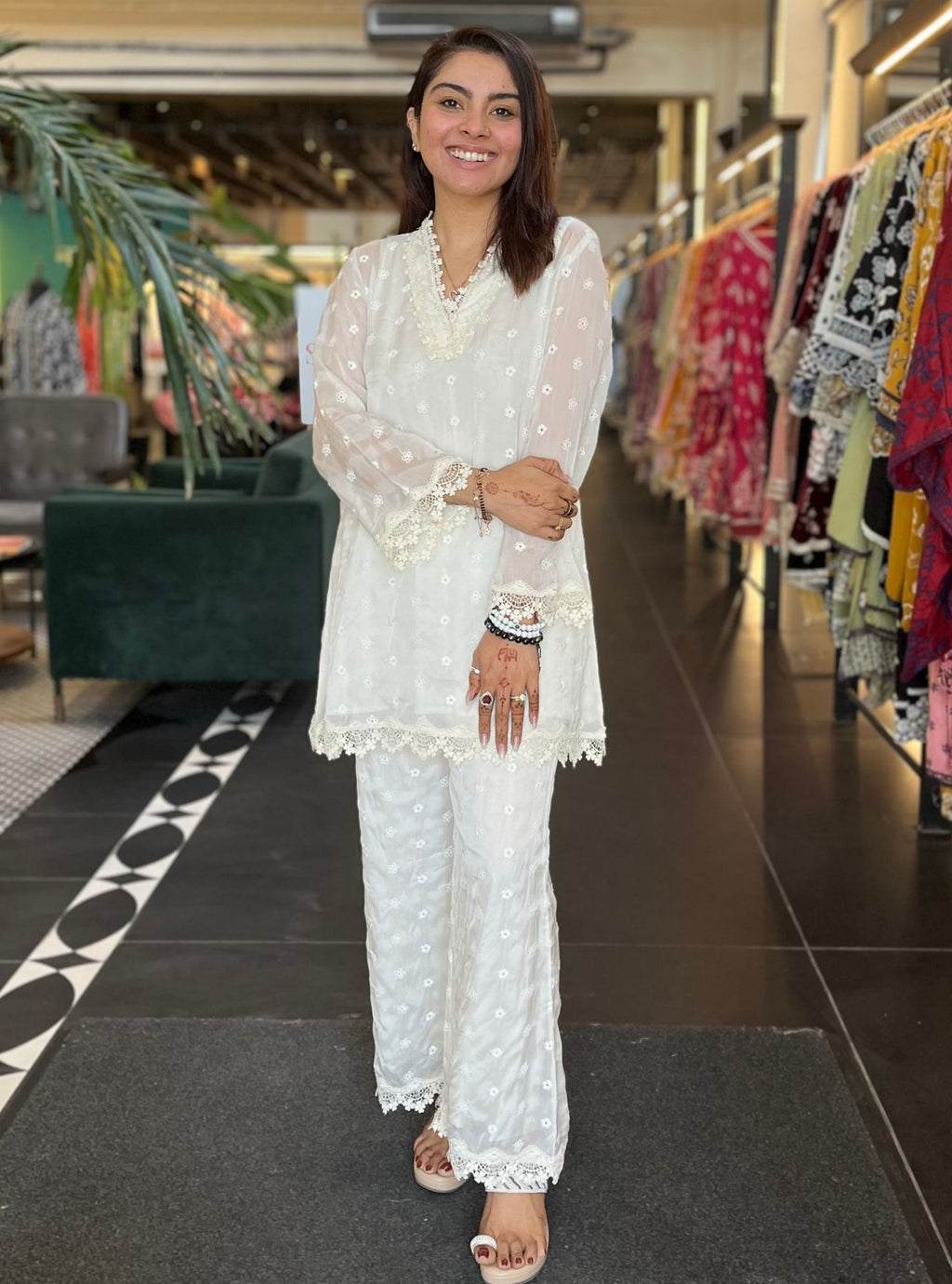 Mulmul Supima Cotton Embroidered Organza Scallop White Pant main image 1