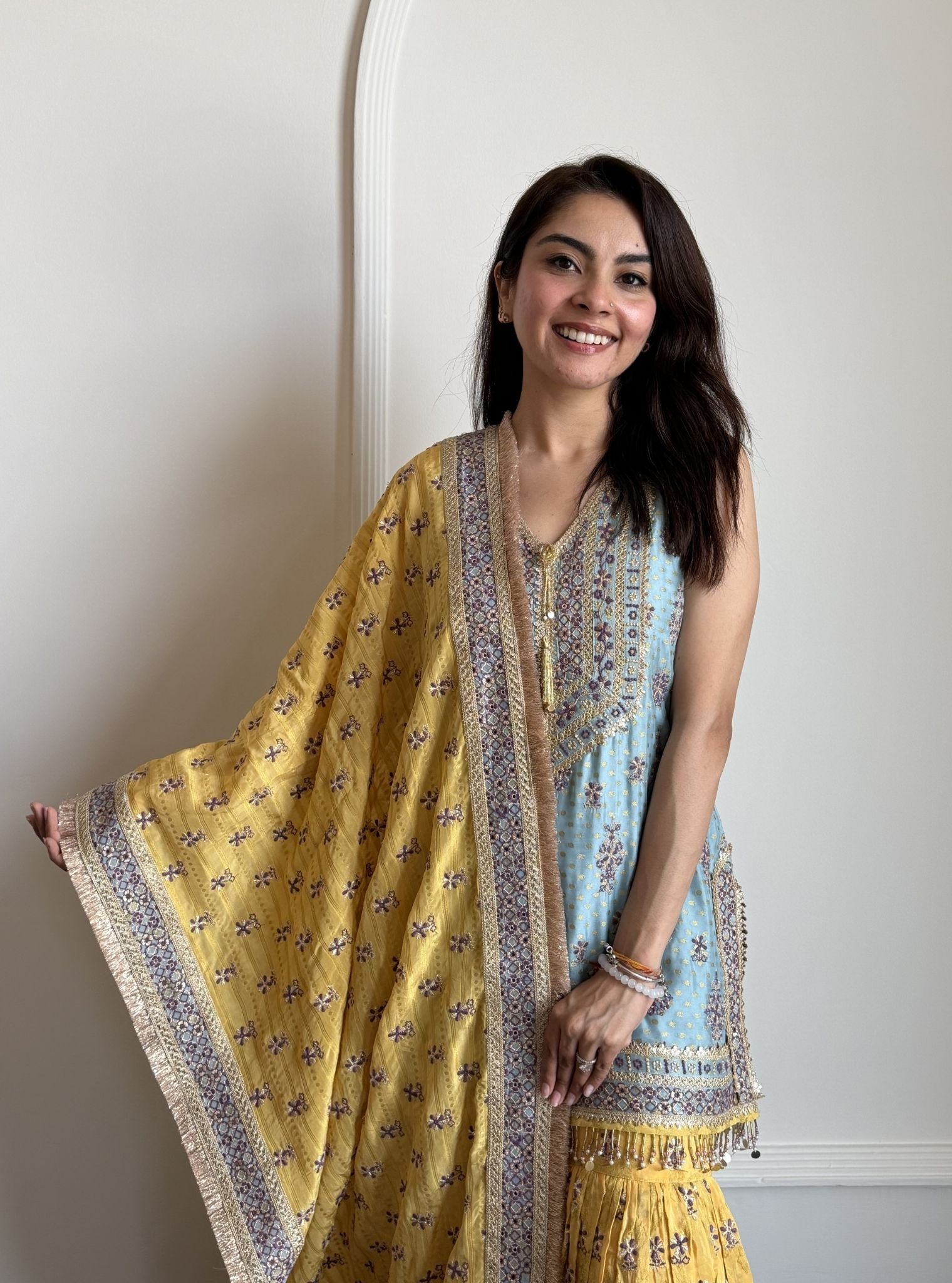 Dali Banarasi Blue Kurta with Mustard Garara