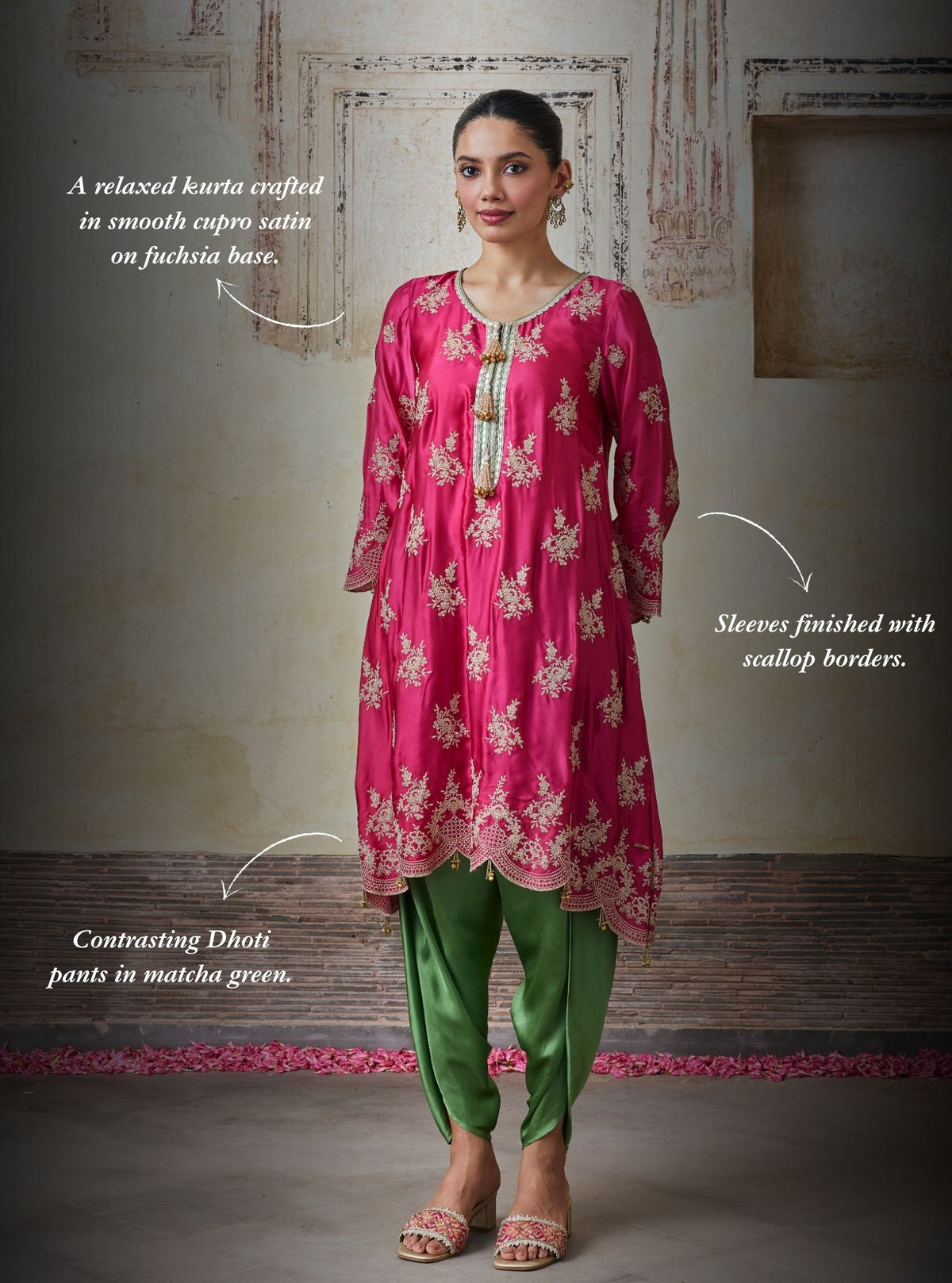 Saazni Cupro Satin Fuchsia Kurta with Matcha Green Dhoti Pants