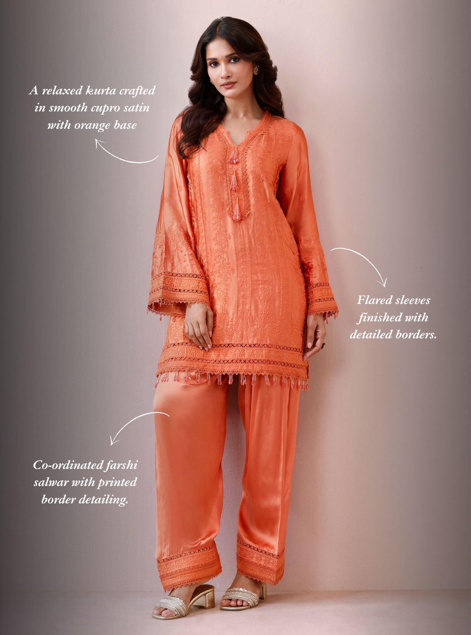 Zuri Cupro Satin Orange Kurta With Farshi Salwar