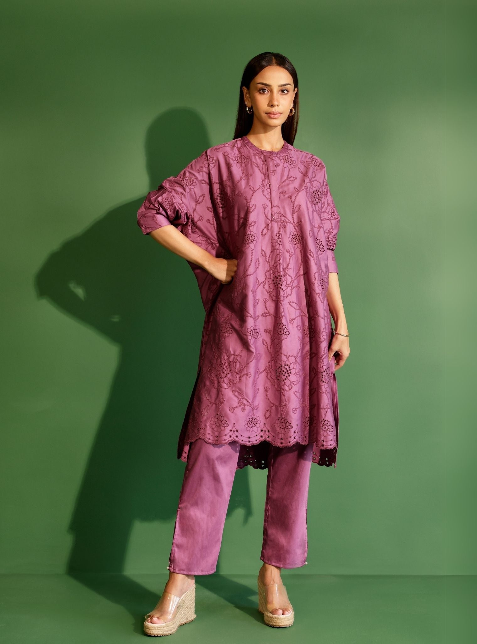 Mulmul Pima Satin Eldon Grape Kurta with Mulmul Pima Satin Eldon Grape Pant