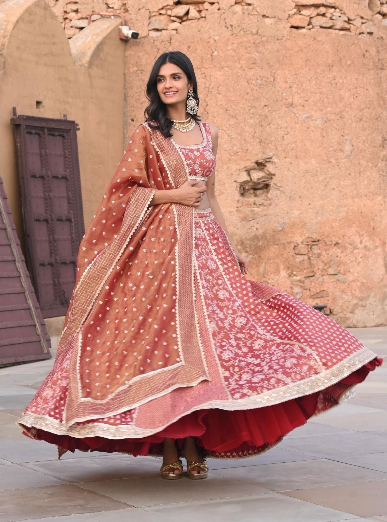 Mulmul Luxe Tissue Satin Deewani Red Lehenga