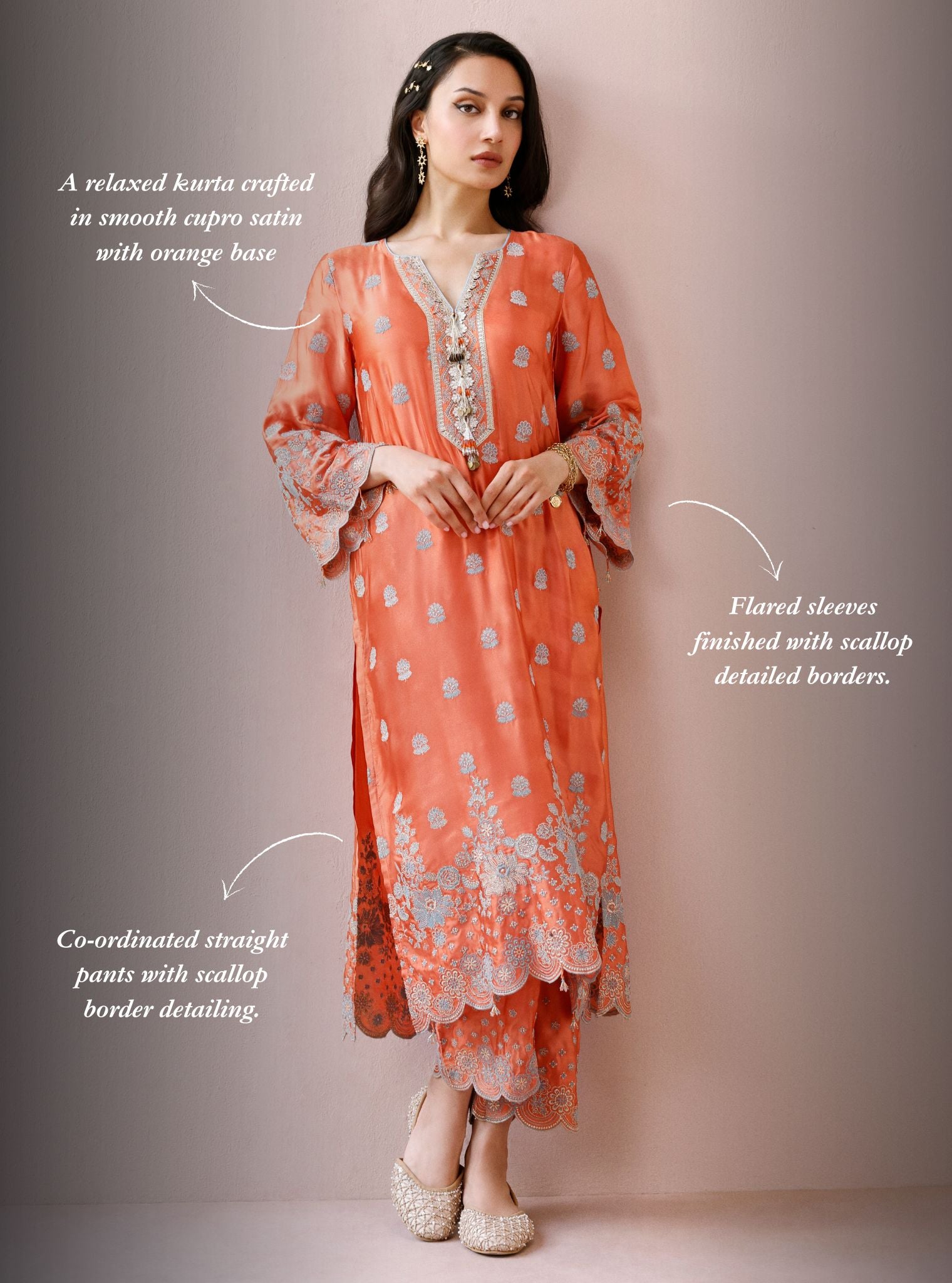 Laina Cupro Satin Orange Long Kurta Set