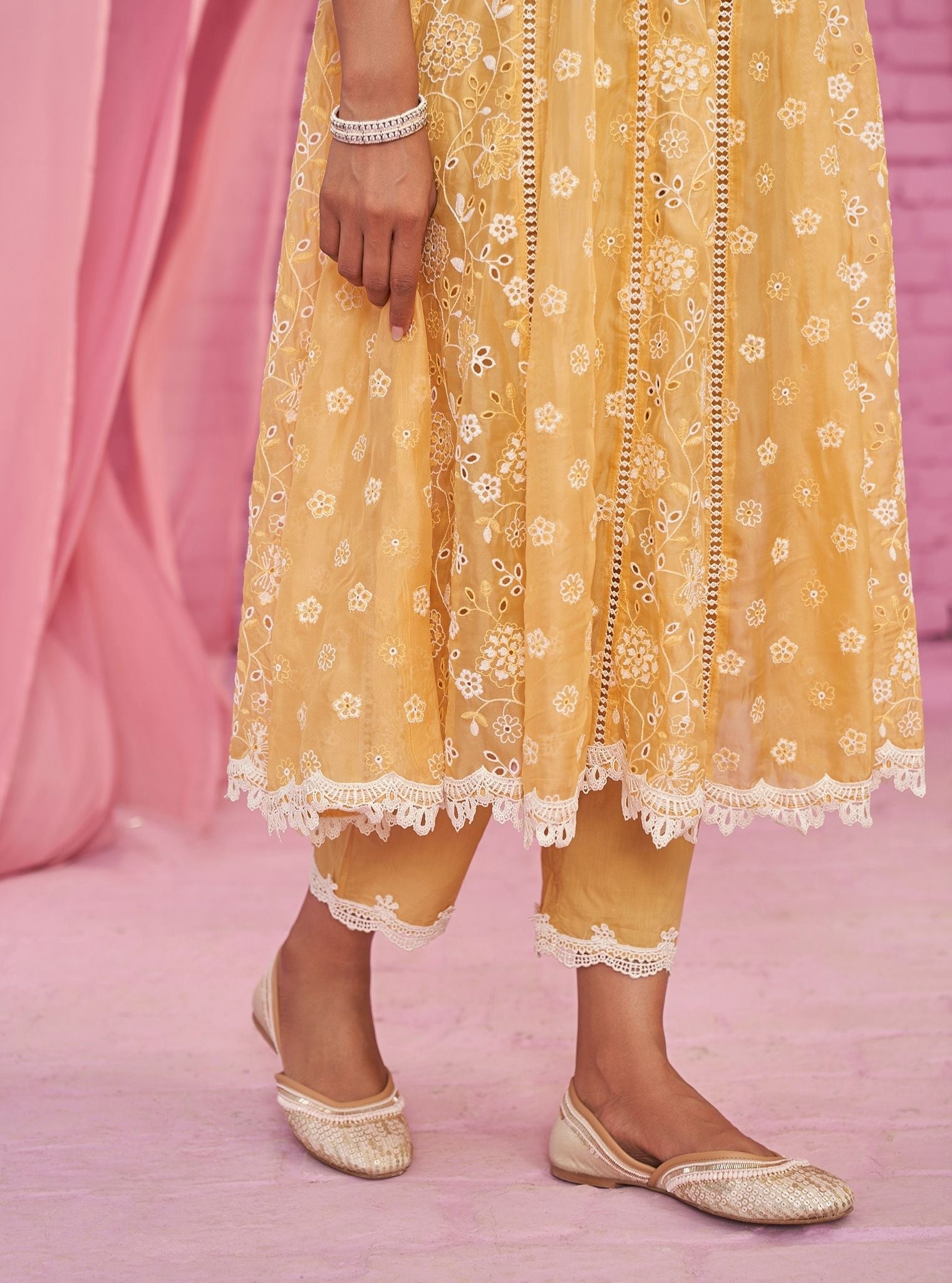 Mulmul Organza Britney Yellow Anarkali Kurta With Mulmul Cotton Britney Yellow Pant