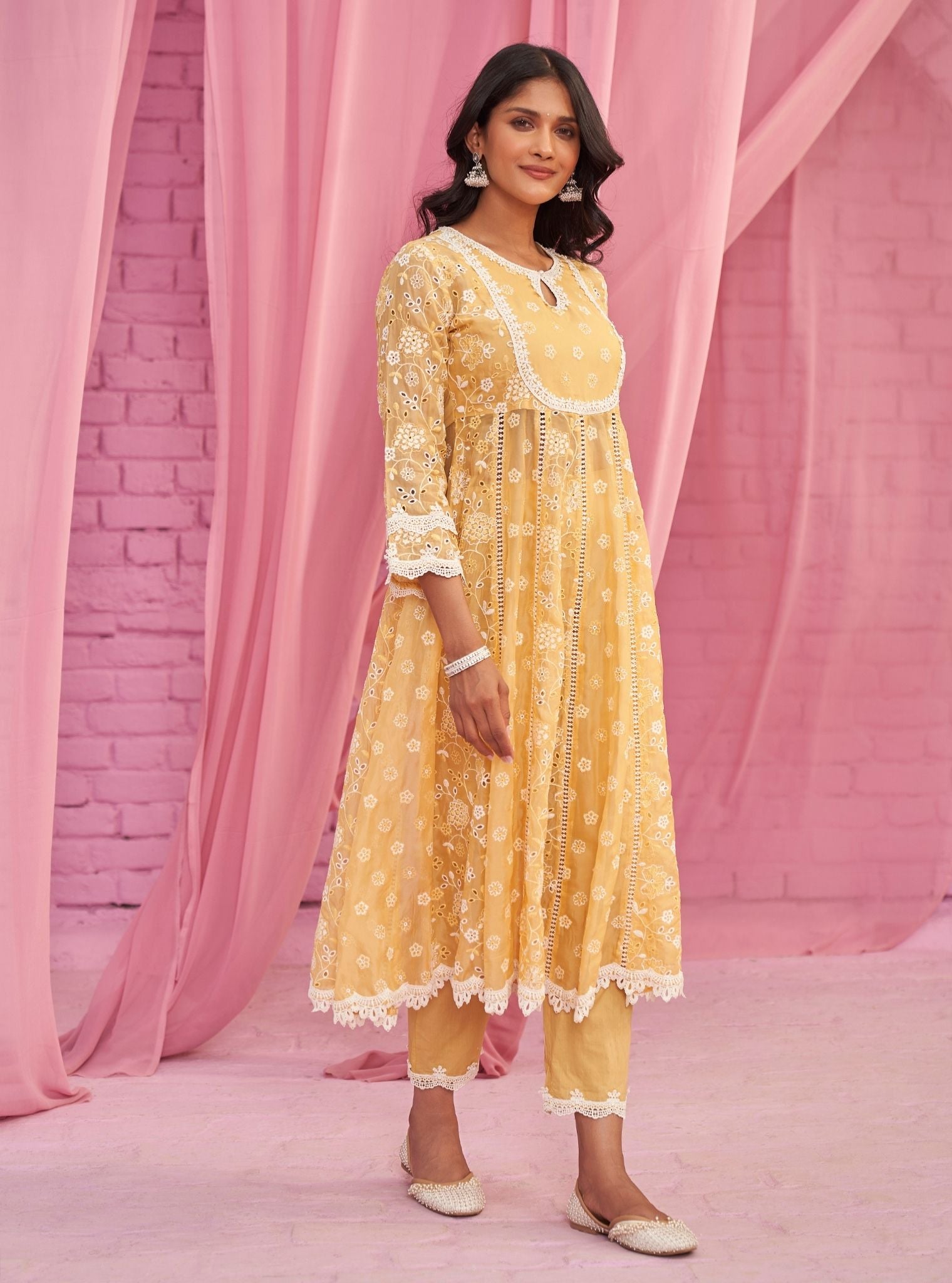 Mulmul Organza Britney Yellow Anarkali Kurta With Mulmul Cotton Britney Yellow Pant