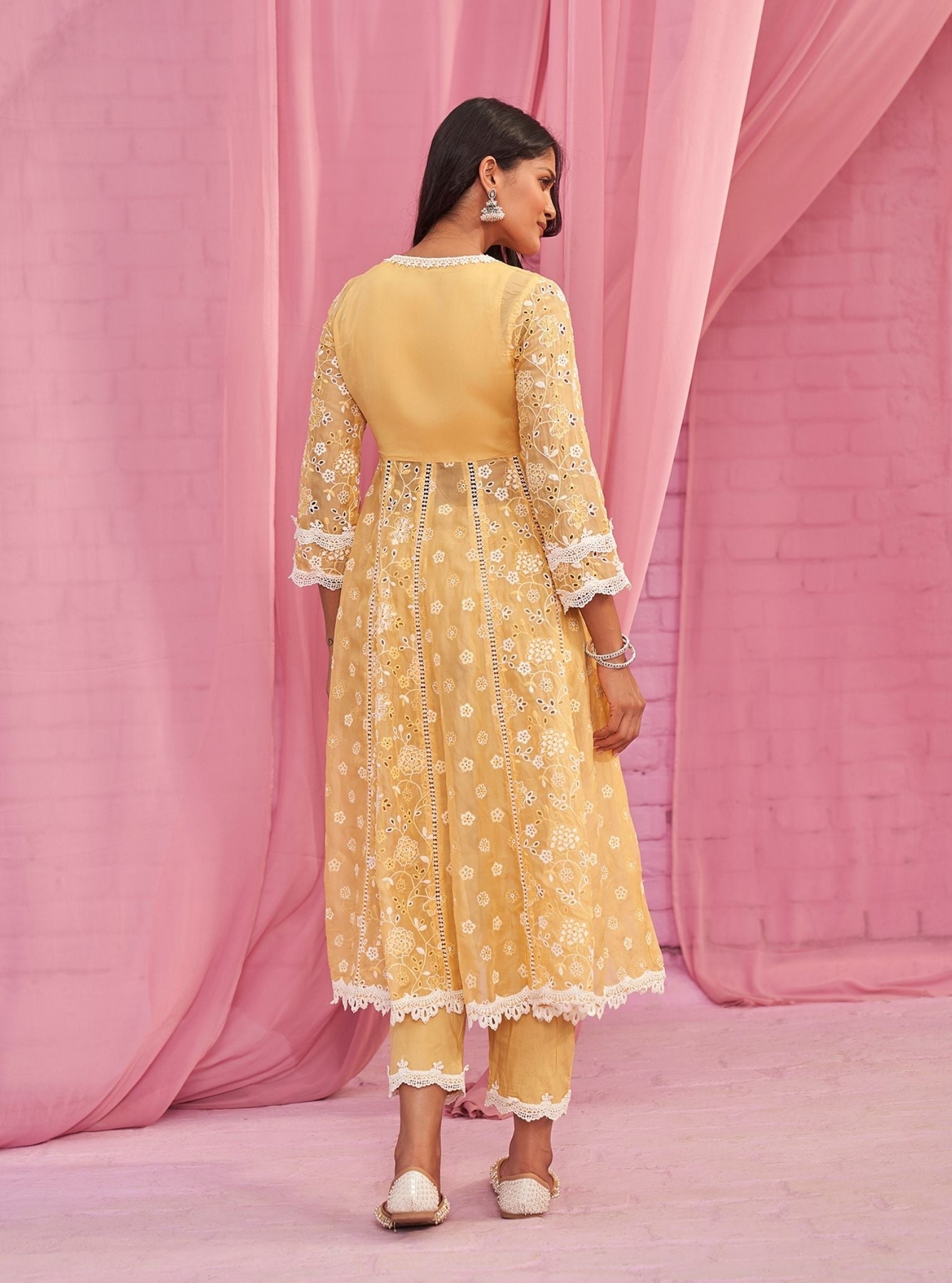 Mulmul Organza Britney Yellow Anarkali Kurta With Mulmul Cotton Britney Yellow Pant