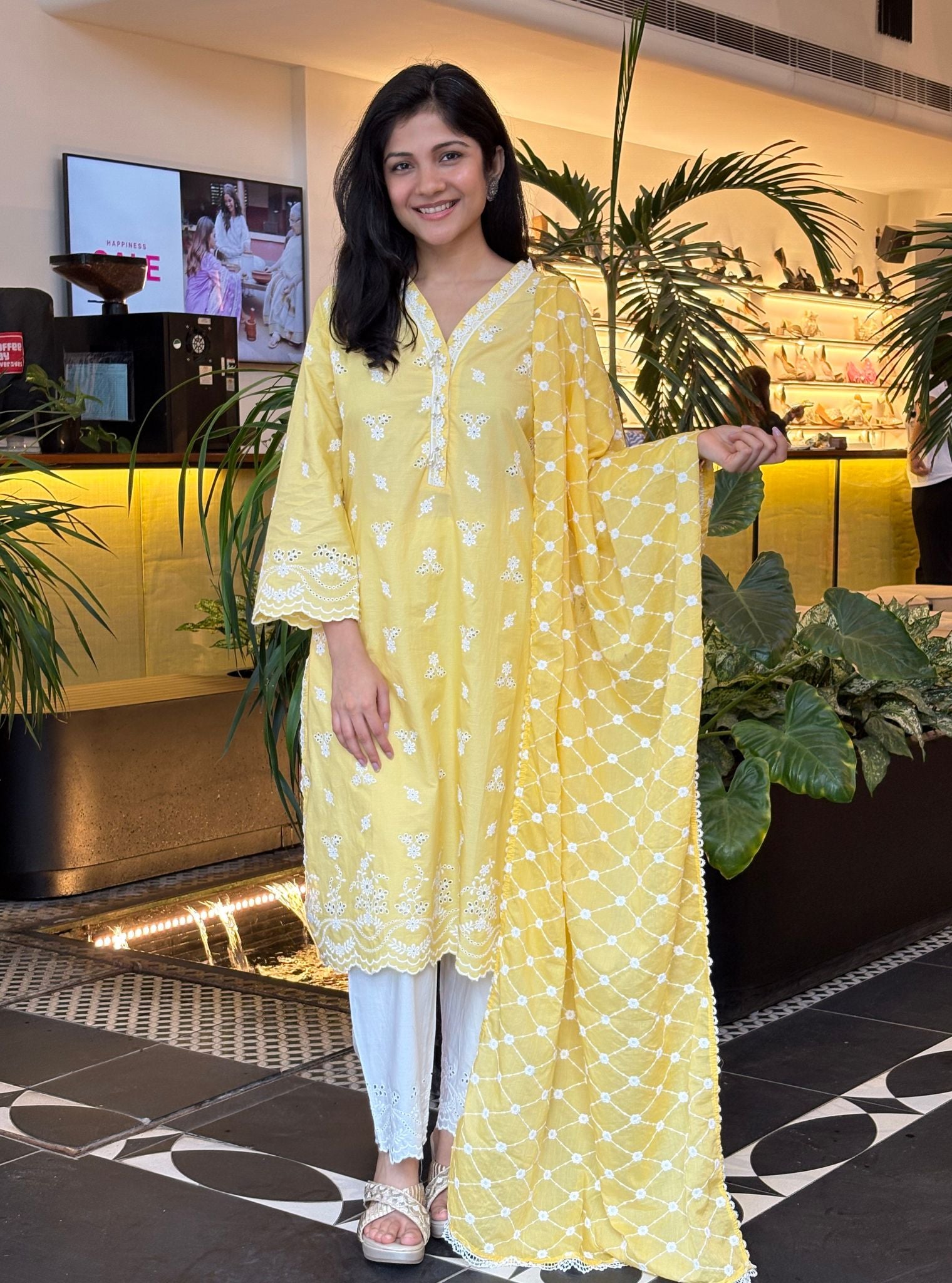 Mulmul Cotton Satari Yellow Kurta With Mulmul Cotton Satari White Pant