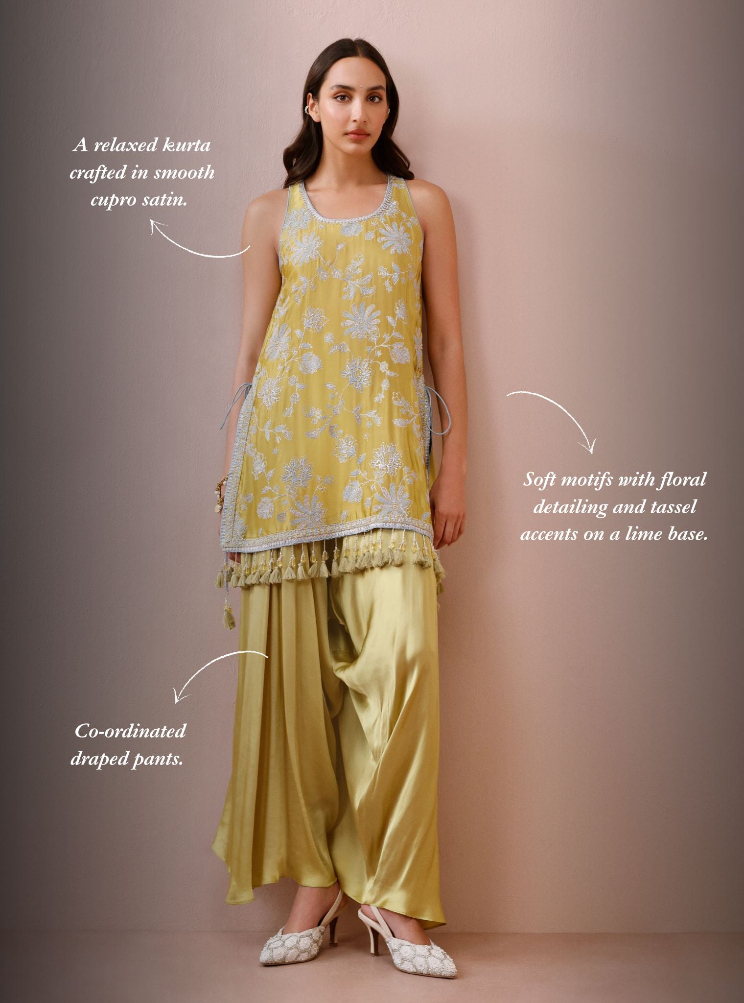 Zani Cupro Satin Lime Kurta with Draped Pants