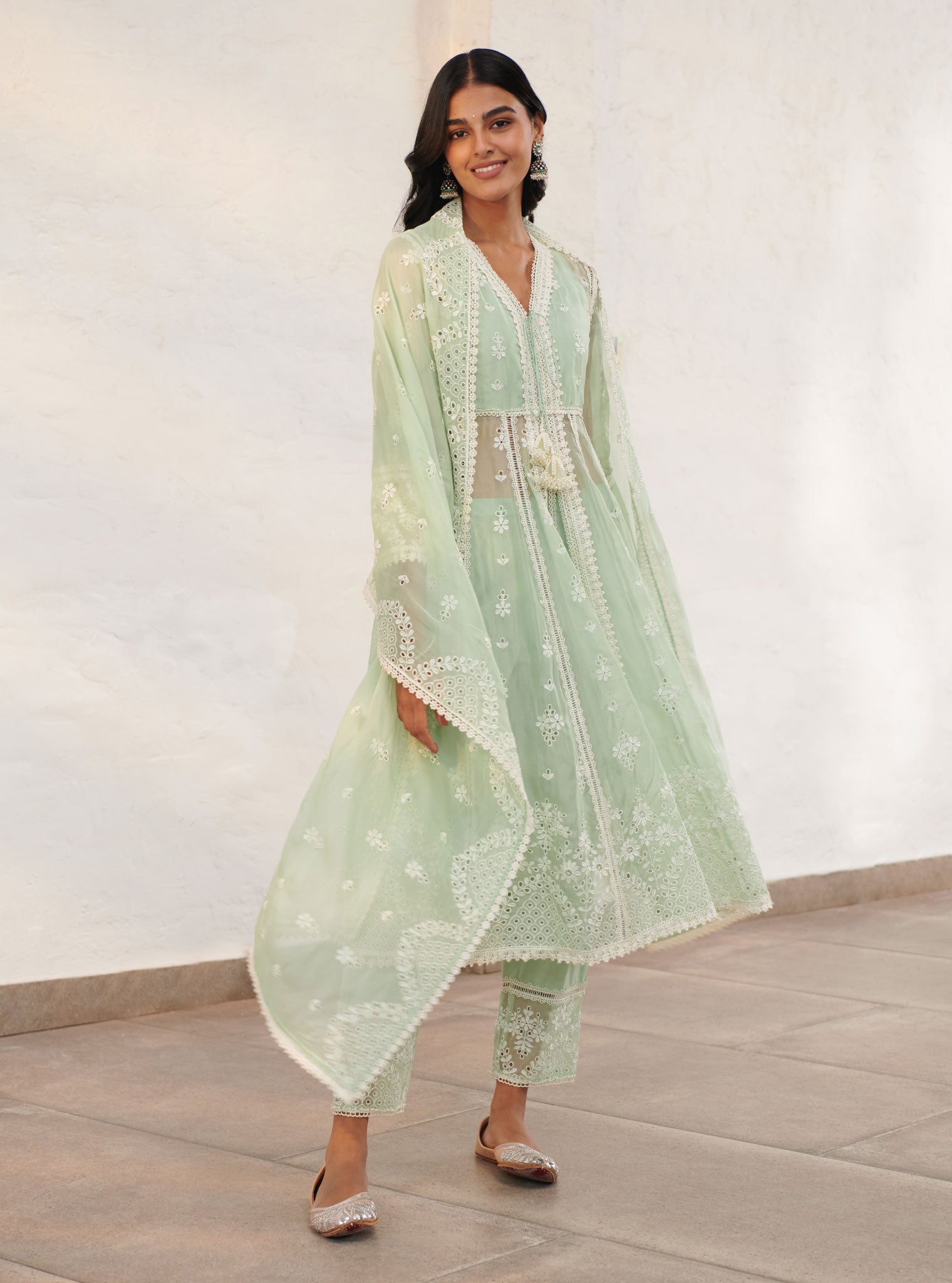 Mulmul Organza Sheffield Green Anarkali Kurta With Cotton Sheffield Green Pant