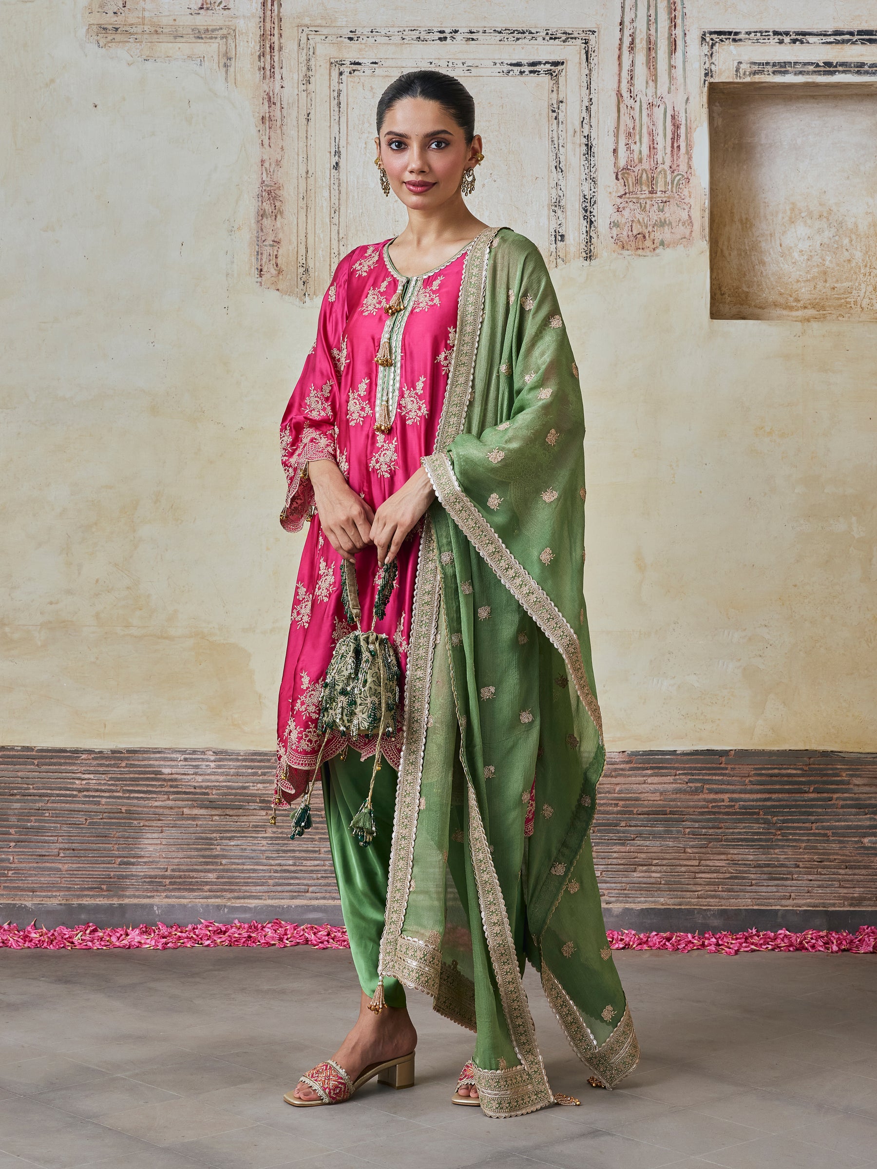 Saazni Cupro Satin Fuchsia Kurta with Matcha Green Dhoti Pants