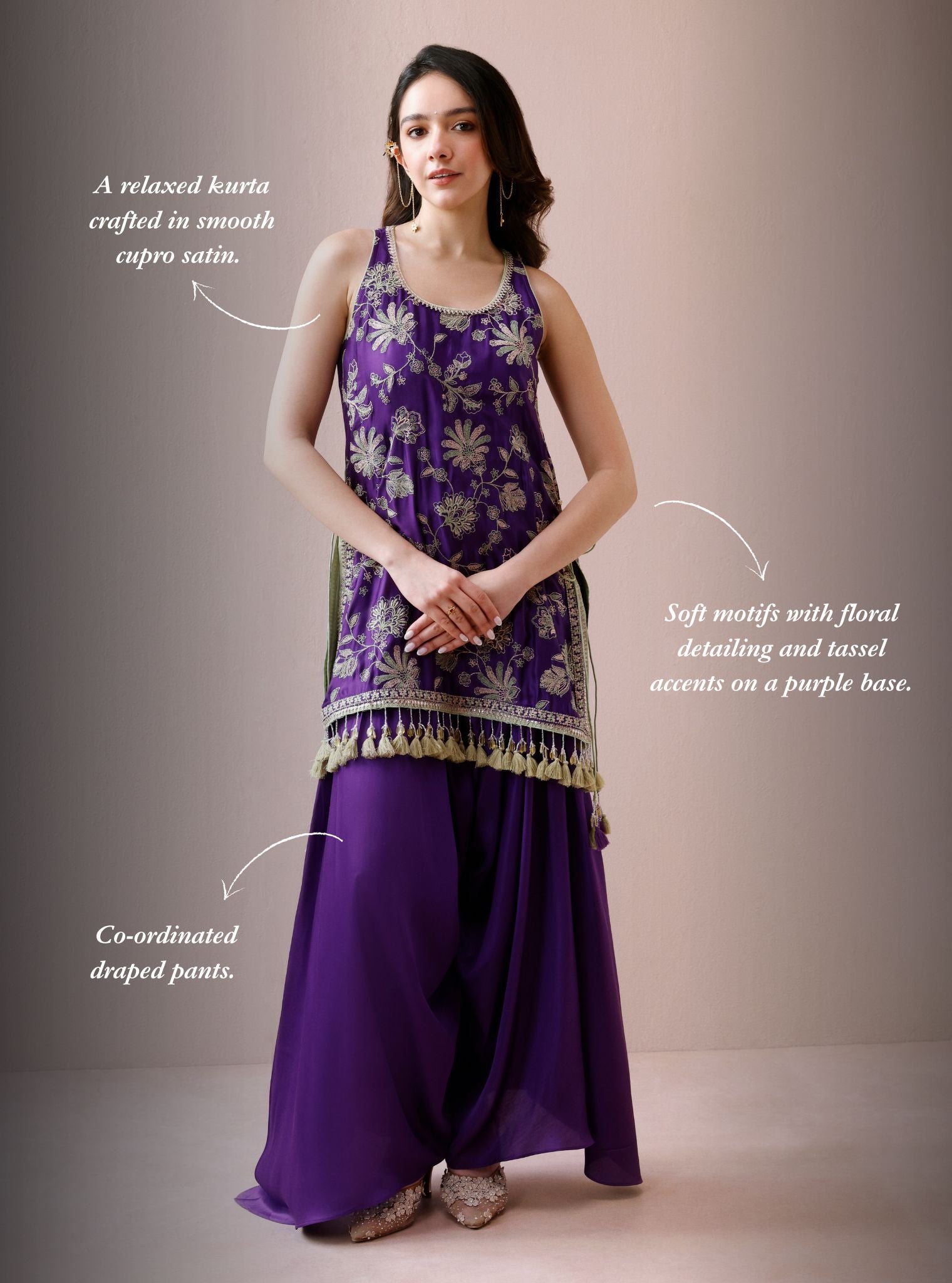 Zani Cupro Satin Purple Kurta with Draped Pants