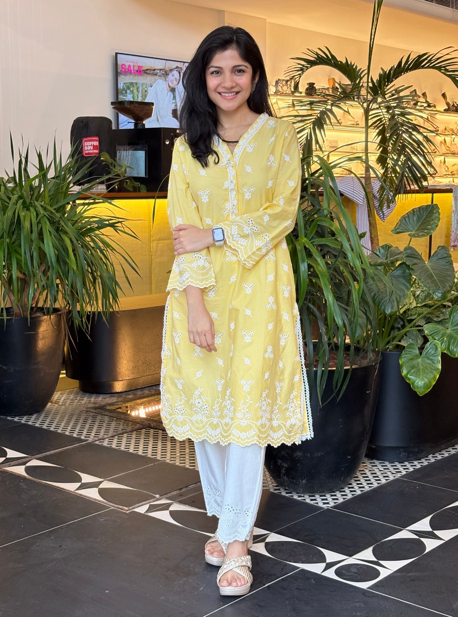 Mulmul Cotton Satari Yellow Kurta With Mulmul Cotton Satari White Pant