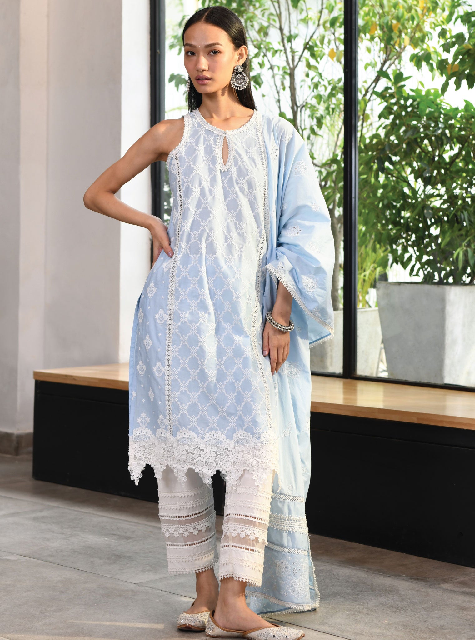 Mulmul Cotton Newry Blue Kurta With Multi Lace Slim White Pant