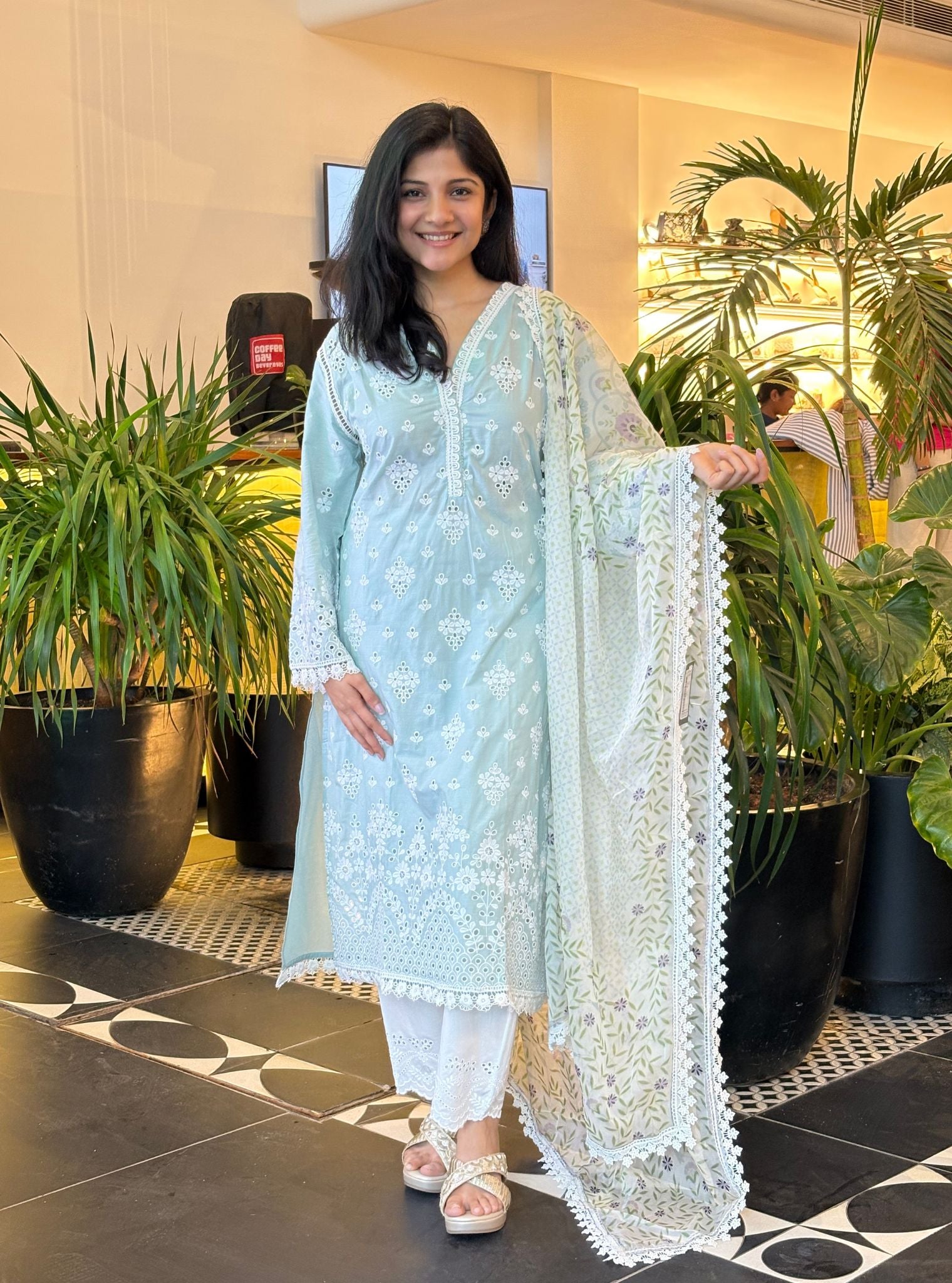 Mulmul Cotton Peehu Light Blue Kurta with Cotton Satari White Pant