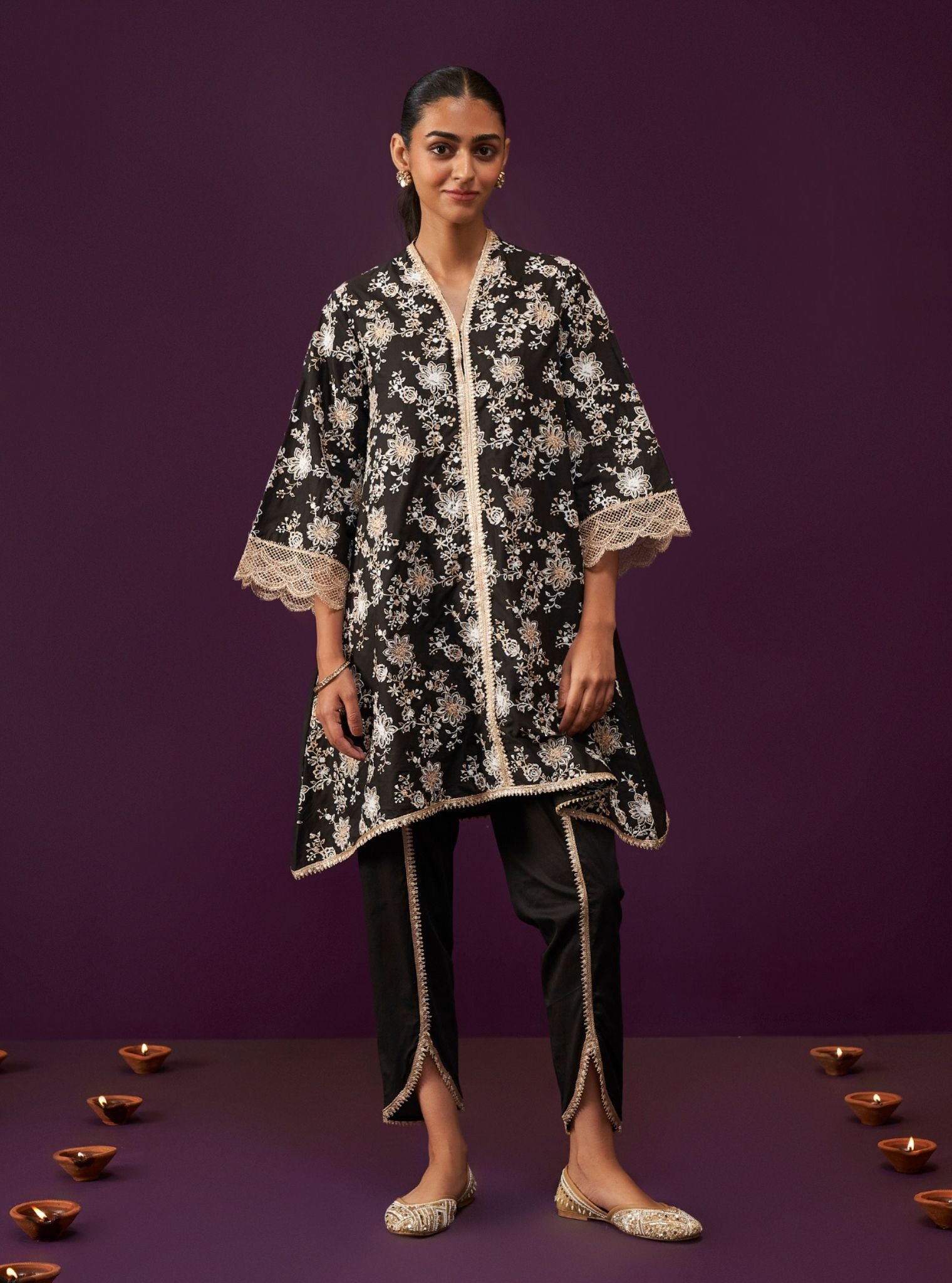 Mulmul Cotton Komen Black Kurta With Mulmul Cotton Komen Black Dhoti Pant