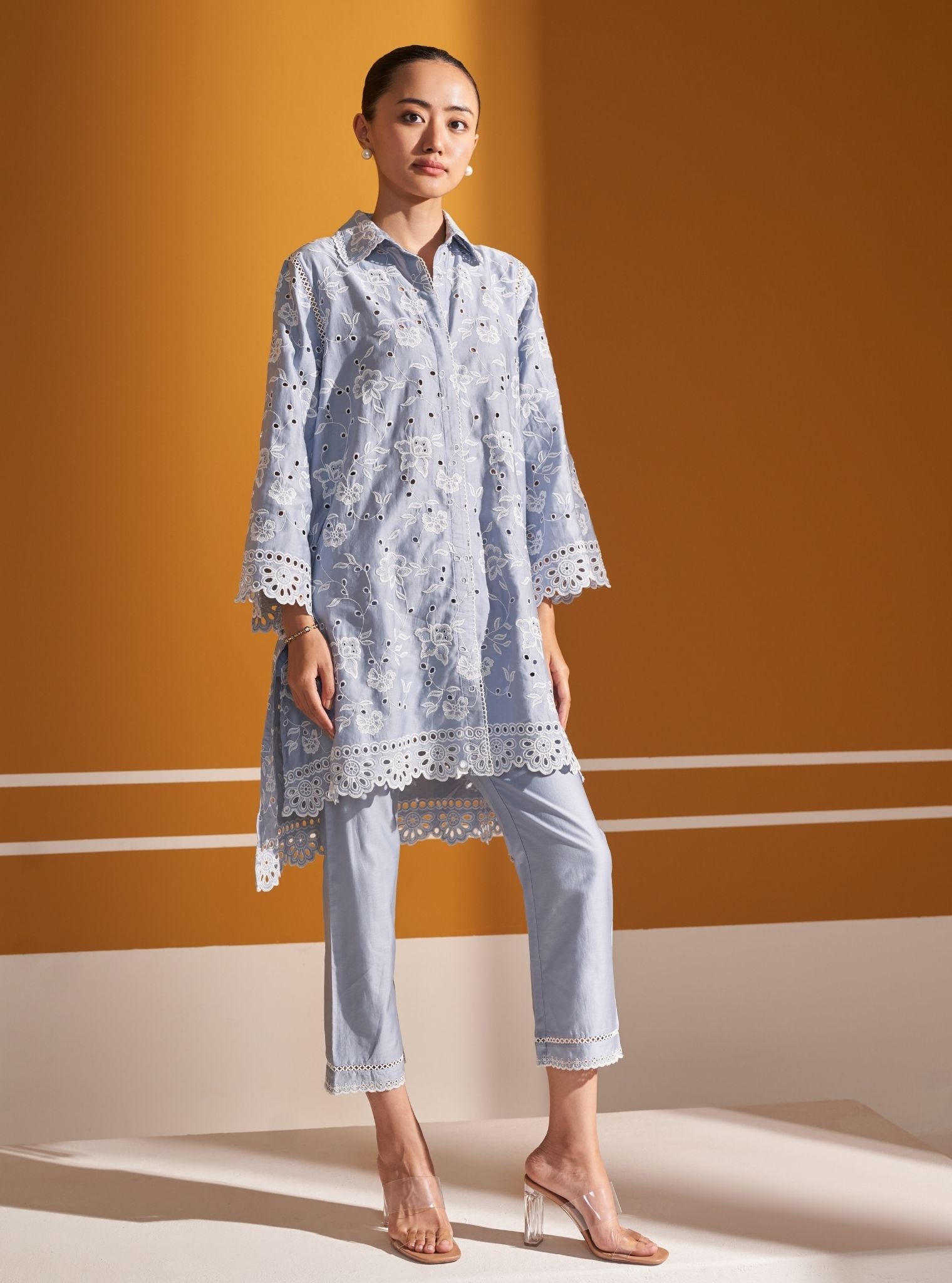 Mulmul Pima Satin Victoria Blue Shirt With Mulmul Pima Satin Victoria Blue Pant