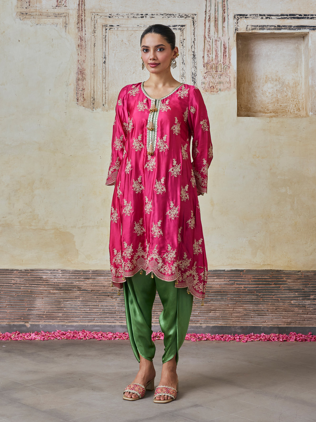 Saazni Cupro Satin Fuchsia Kurta with Matcha Green Dhoti Pants