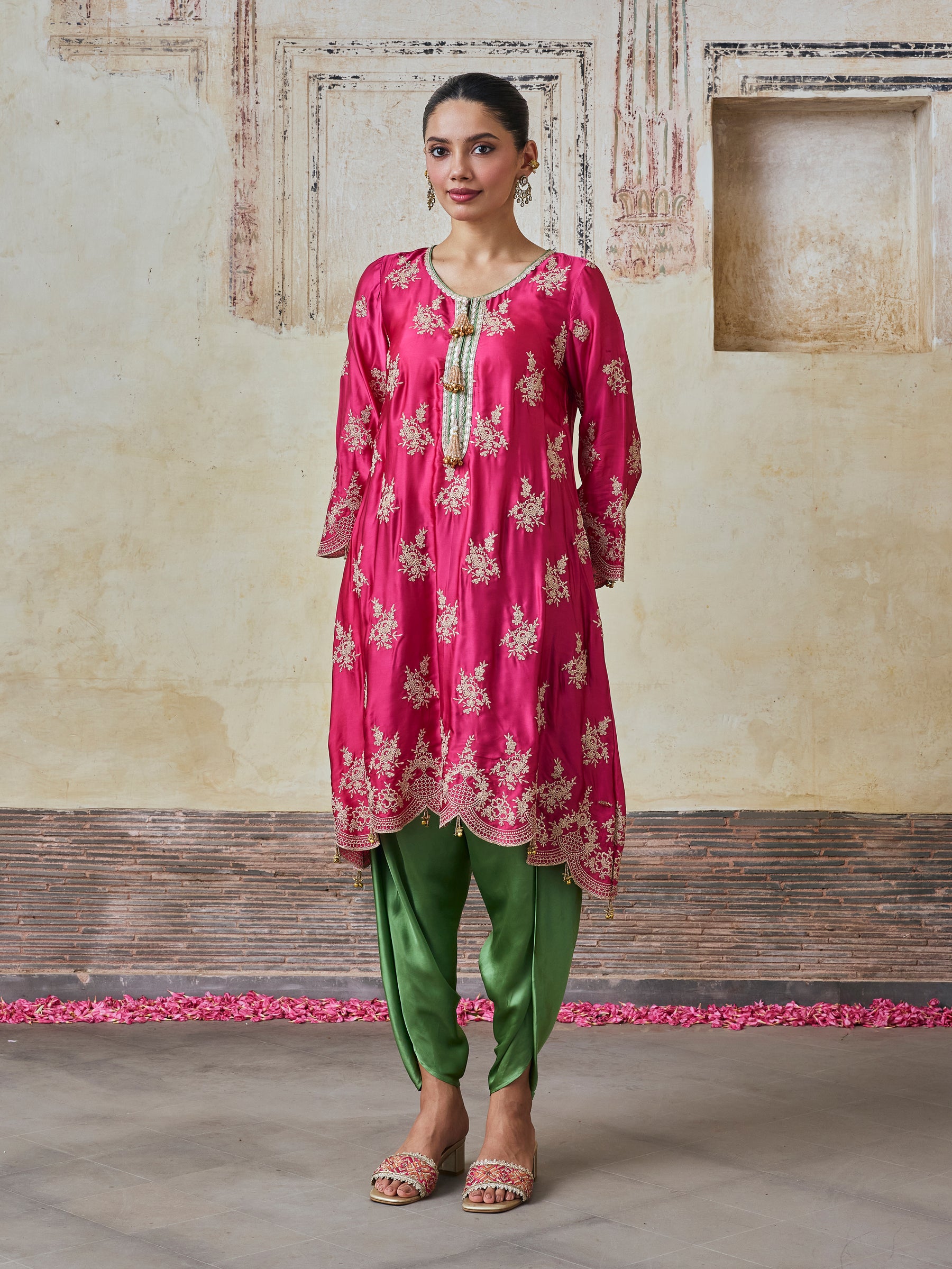 Saazni Cupro Satin Fuchsia Kurta with Matcha Green Dhoti Pants