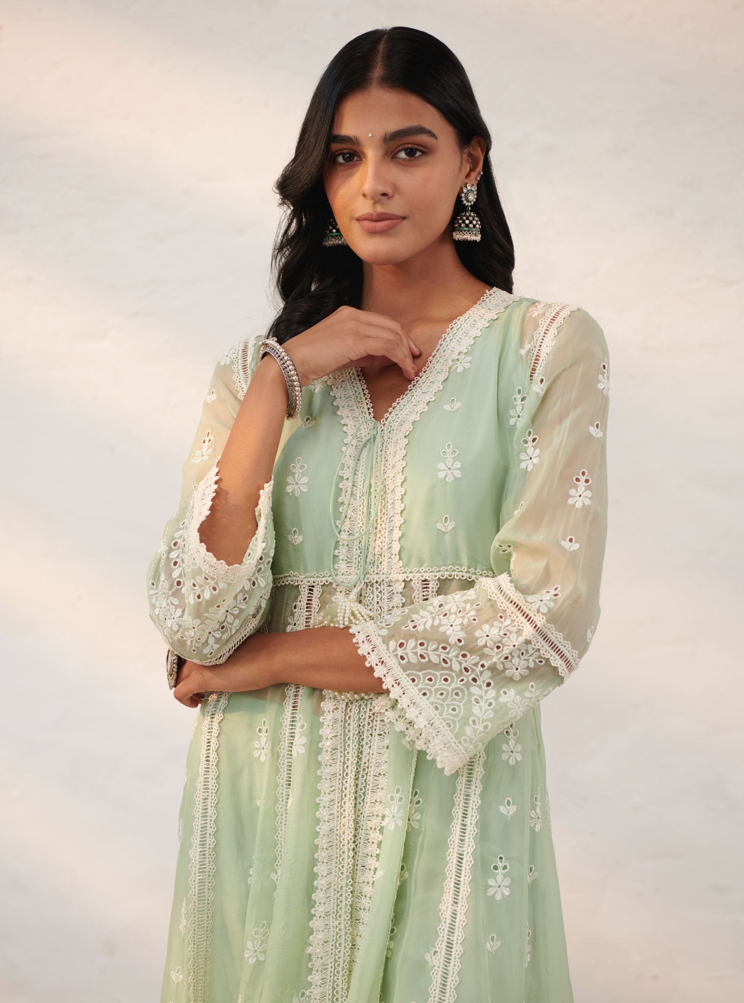 Mulmul Organza Sheffield Green Anarkali Kurta With Cotton Sheffield Green Pant