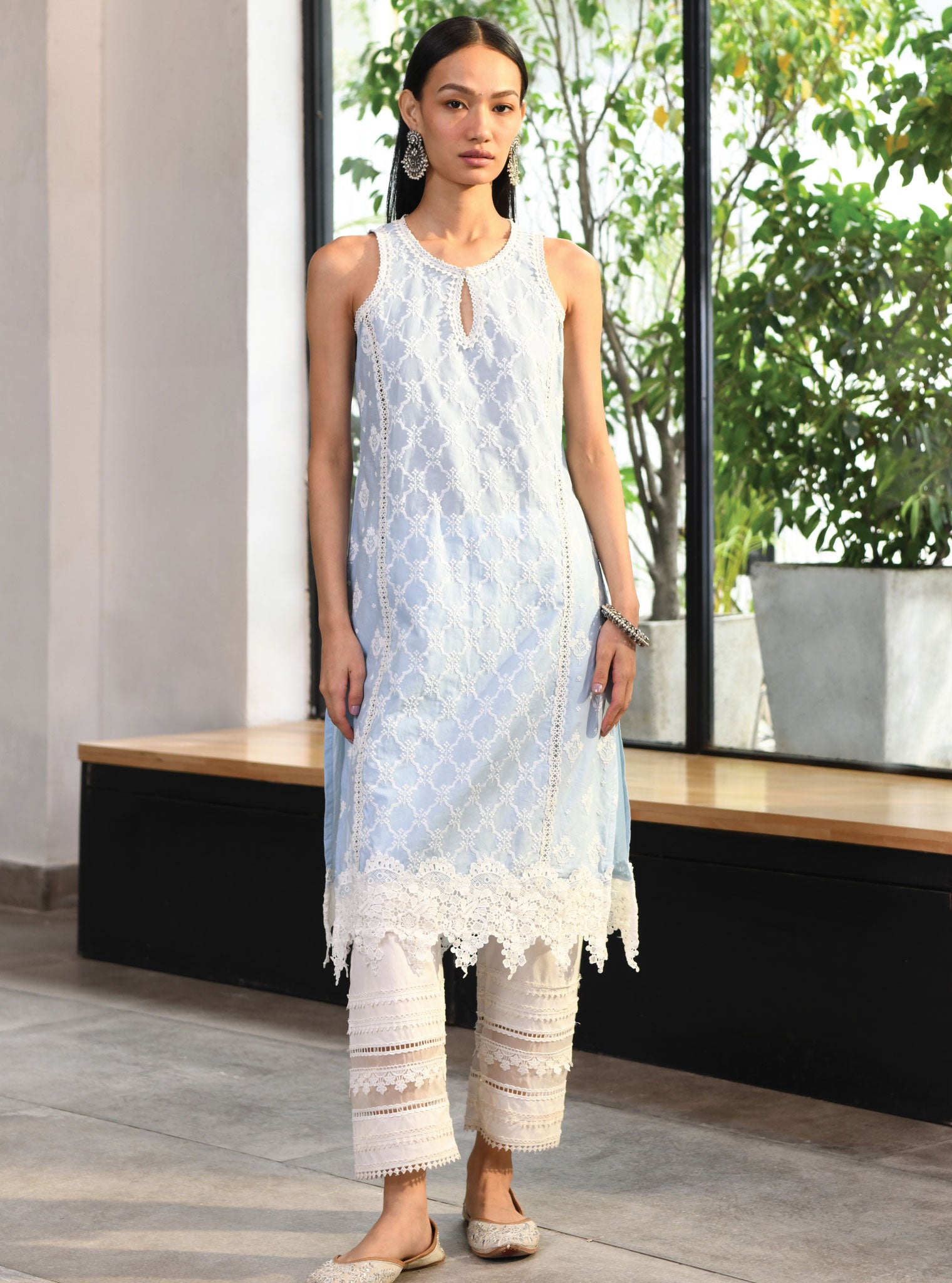 Mulmul Cotton Newry Blue Kurta With Multi Lace Slim White Pant