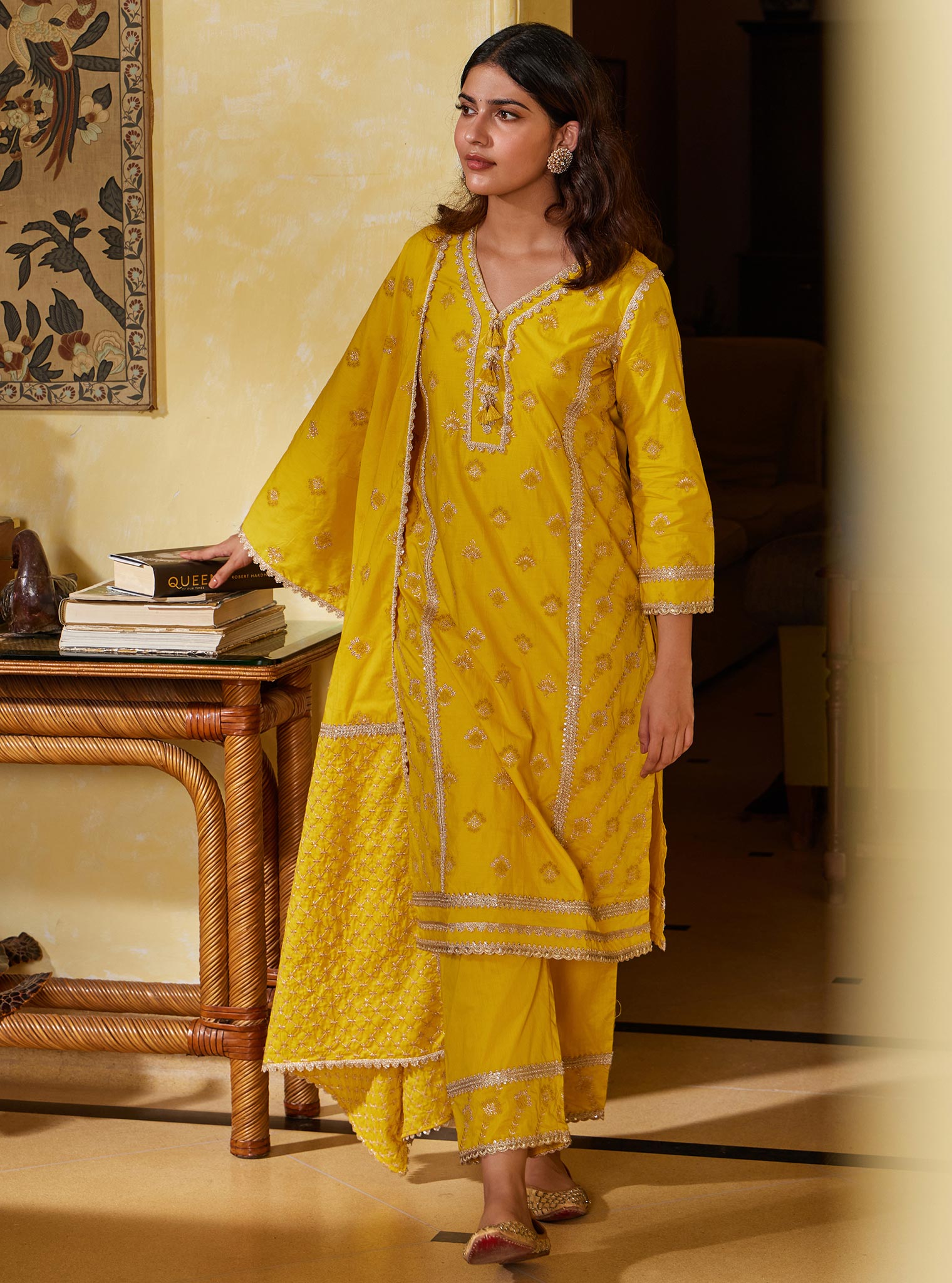 Mulmul Cotton Titli Yellow Pant