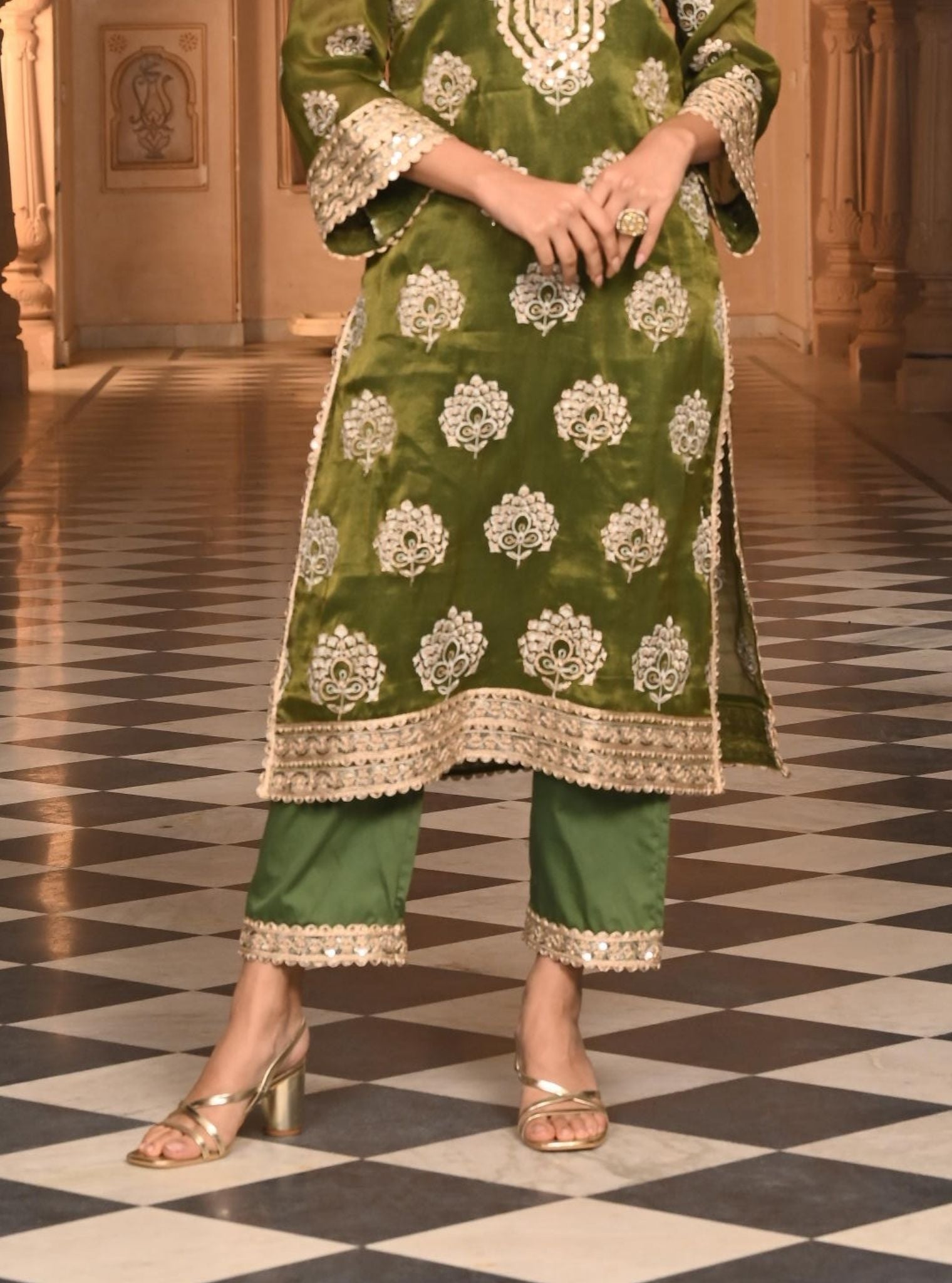 Mulmul Luxe Tissue Kasuri Moss Green Kurta with Mulmul Pima Satin Kasuri Moss Green Pant