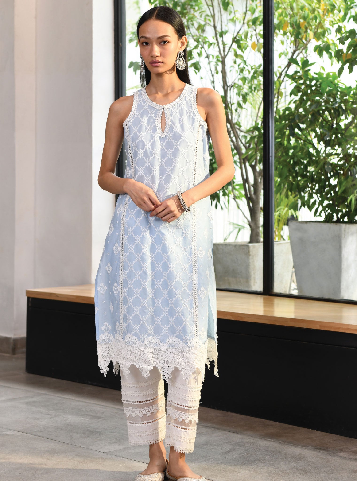 Mulmul Cotton Newry Blue Kurta With Multi Lace Slim White Pant