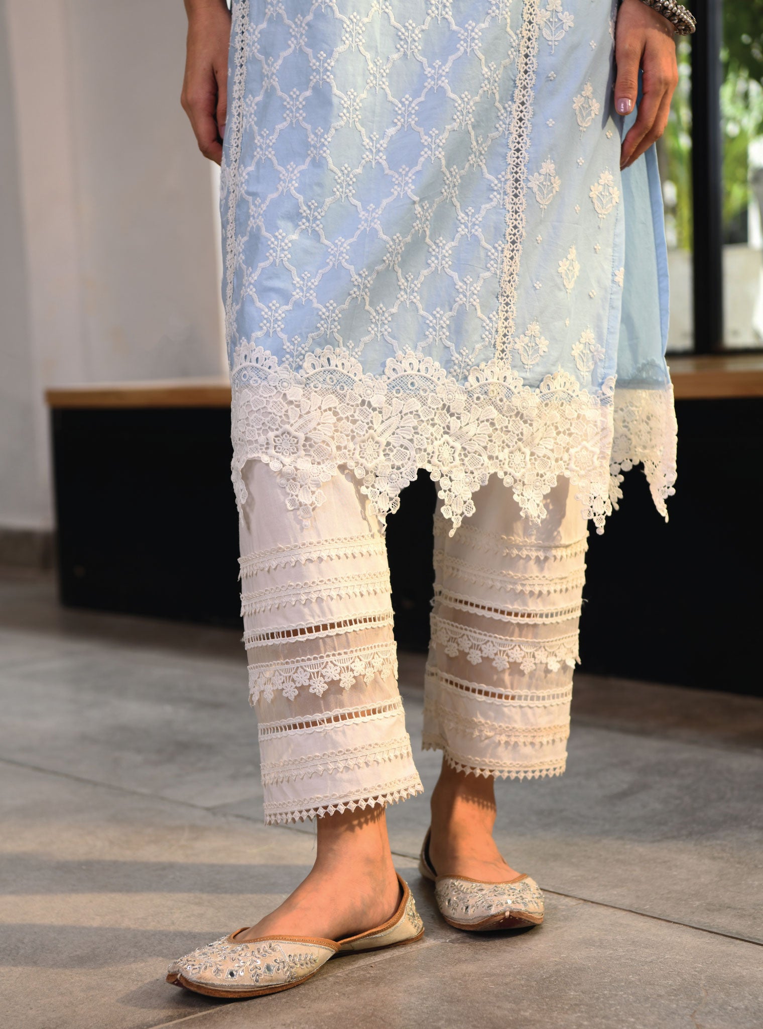 Laces Embellished Cotton Trouser  White  ZT388  Silk Avenue Pakistan