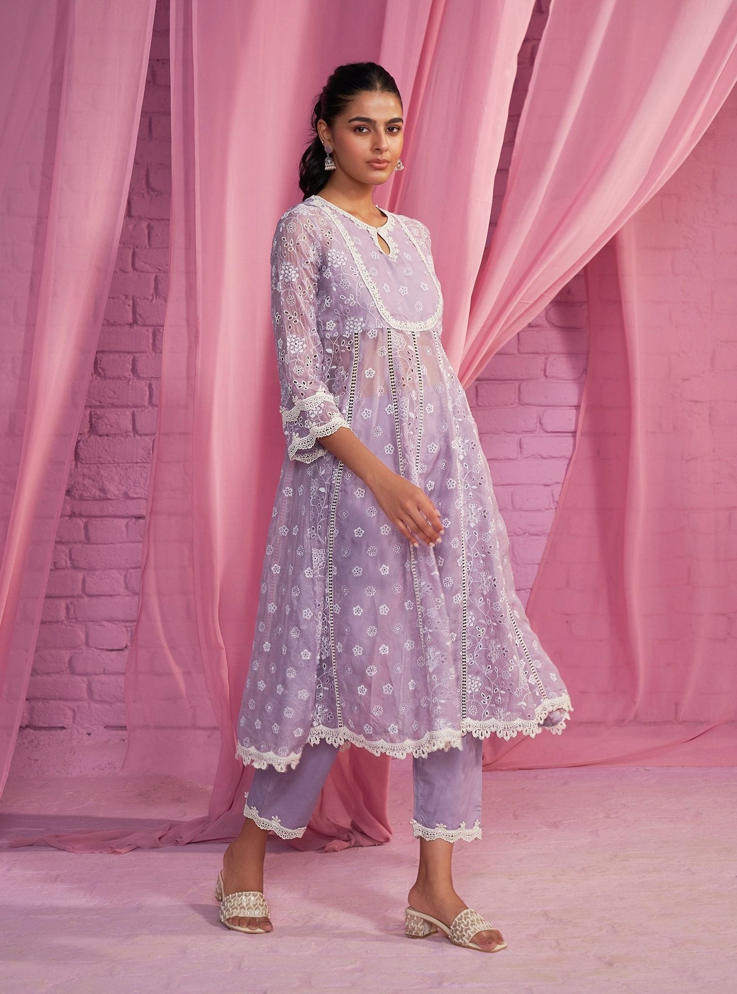 Mulmul Organza Britney Lavender Anarkali Kurta With Mulmul Cotton Britney Lavender Pant