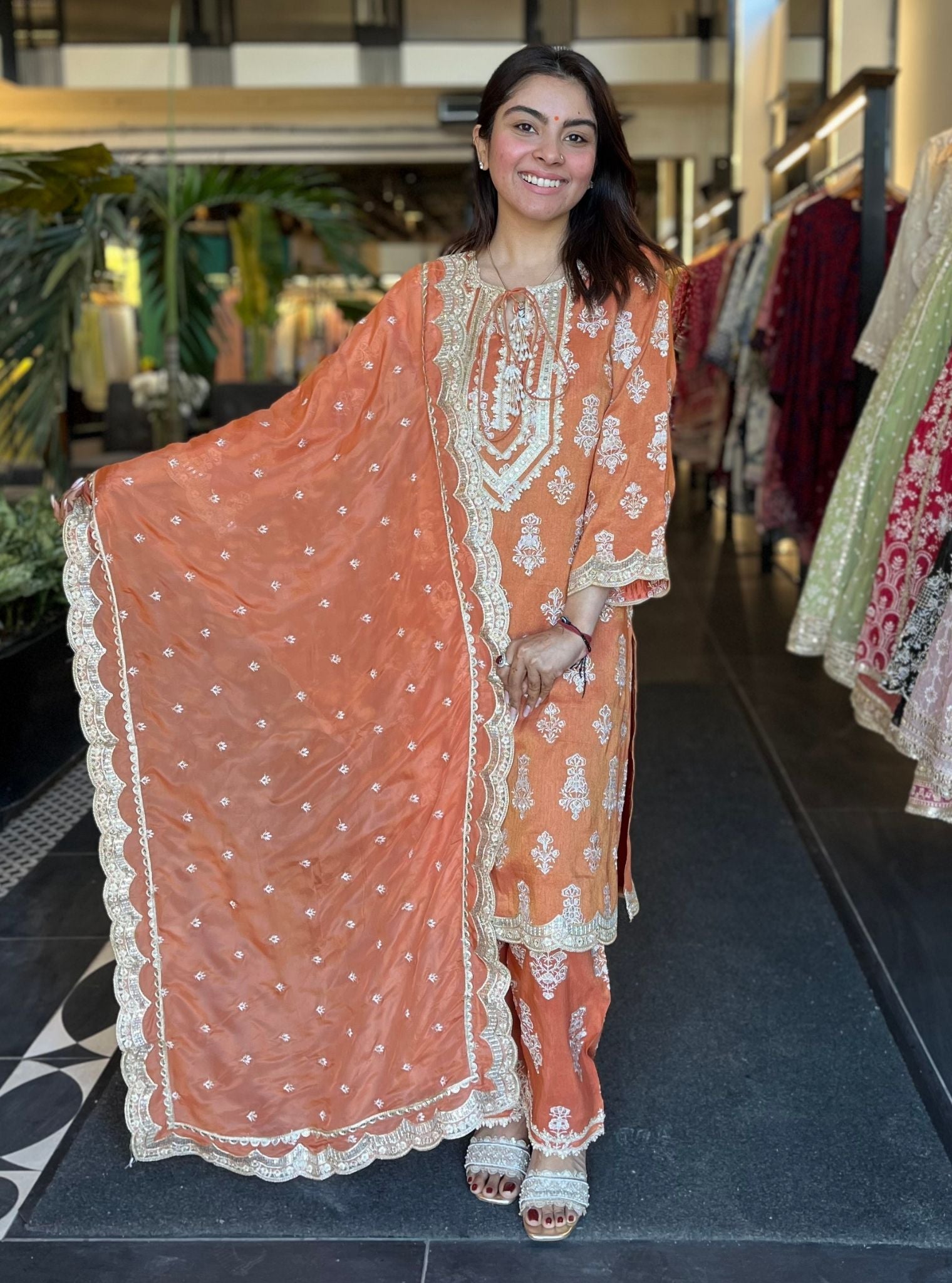 Mulmul Tissue Linen Satin Intira Burnt Orange Kurta With Mulmul Tissue Linen Satin Intira Burnt Orange Pant