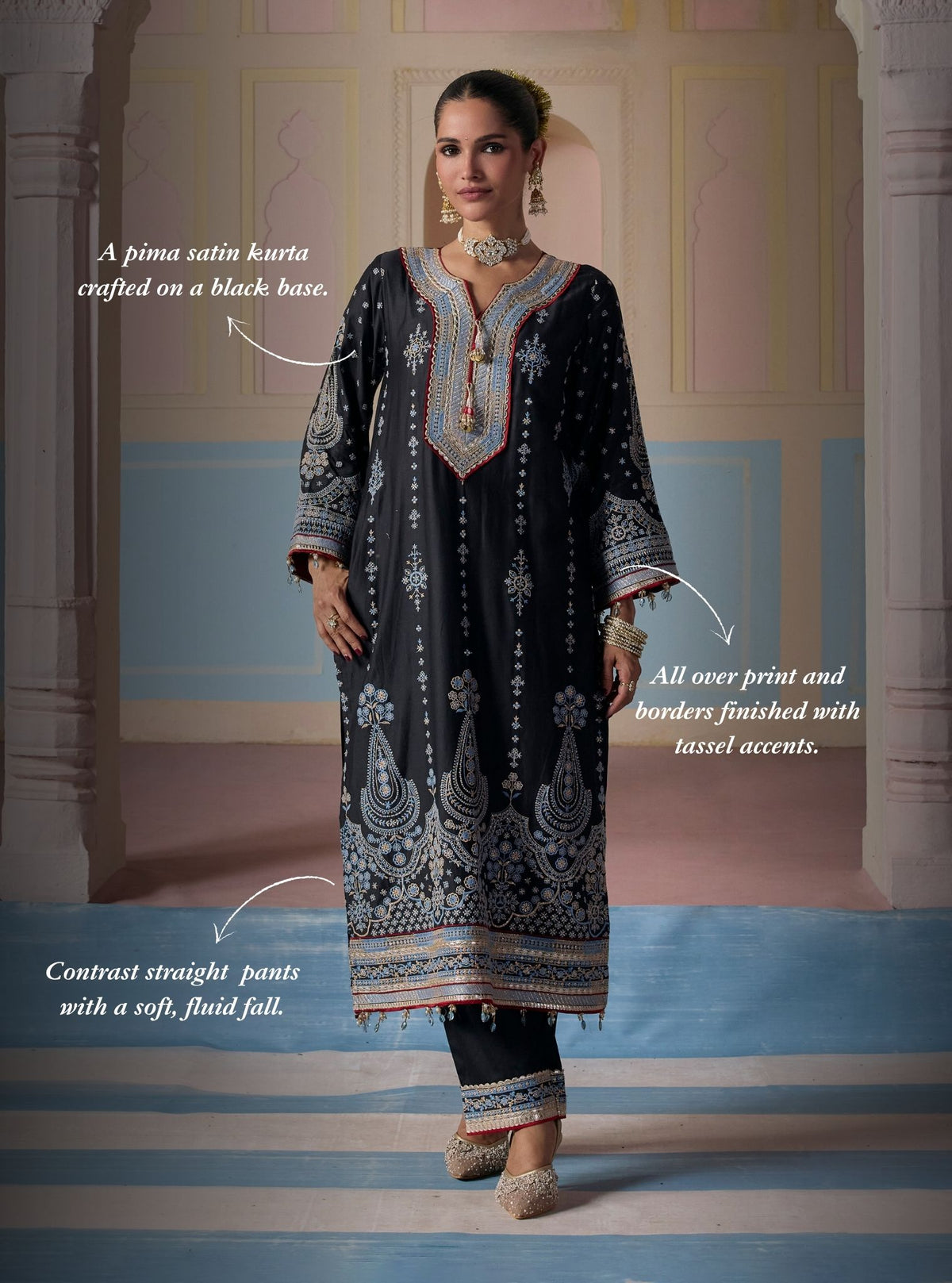 Ovee Pima Satin Black Long Kurta Set