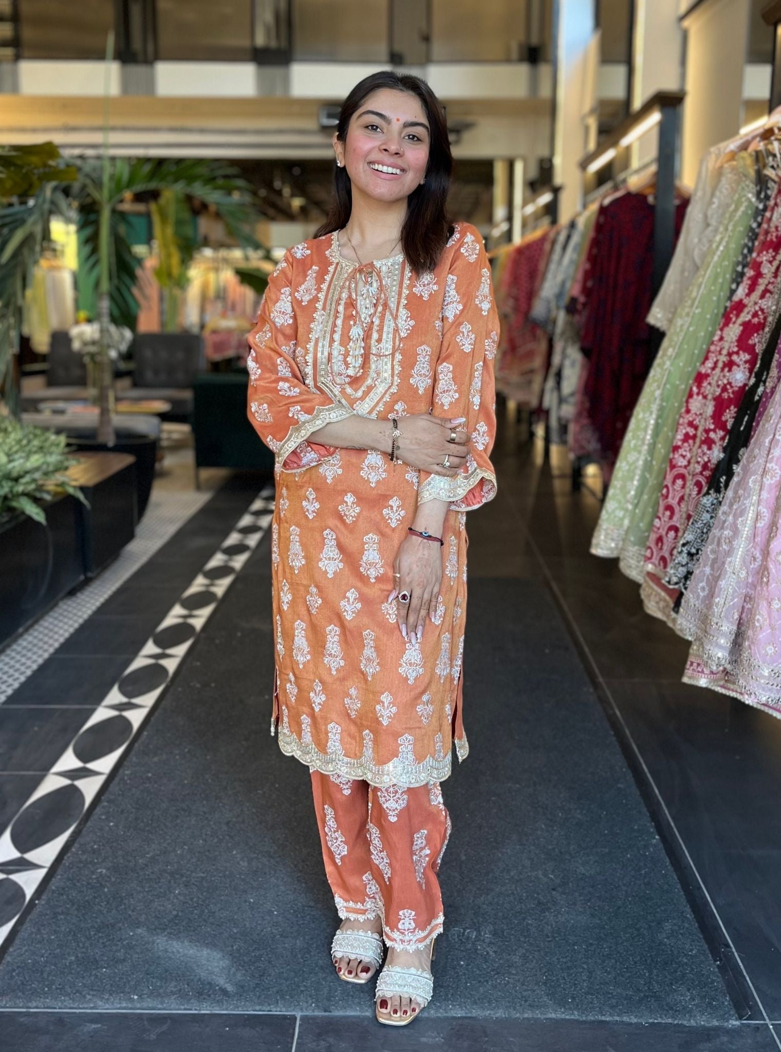 Mulmul Tissue Linen Satin Intira Burnt Orange Kurta With Mulmul Tissue Linen Satin Intira Burnt Orange Pant