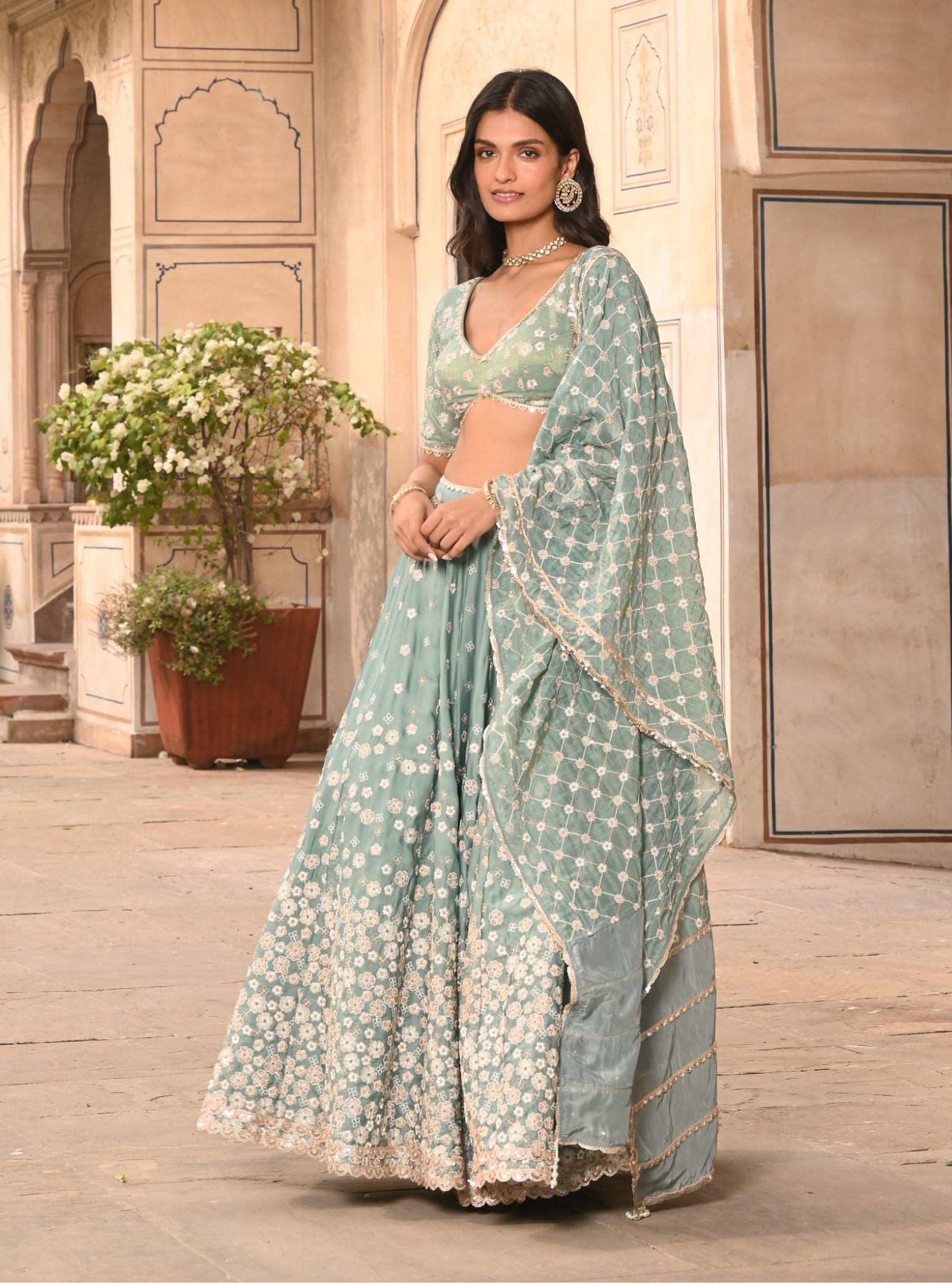 Mulmul Organza Satin Baliye Teal Blue Lehenga