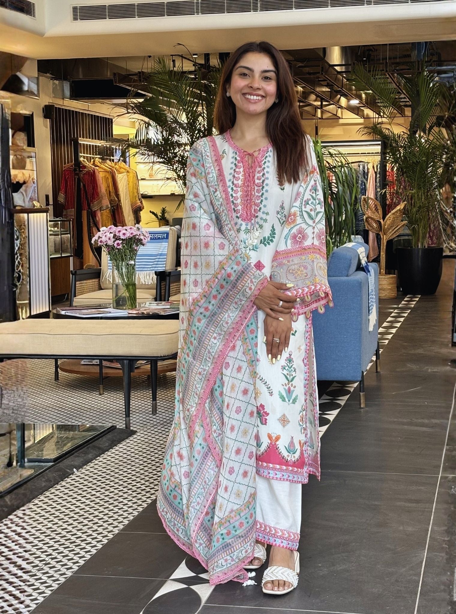 Elvi Lawn Printed White Kurta Set
