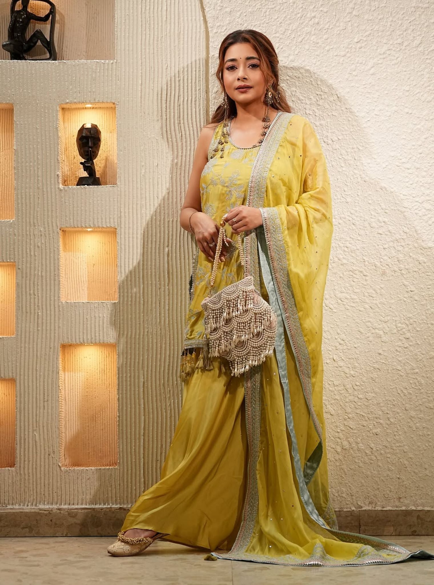 Zani Cupro Satin Lime Kurta with Draped Pants