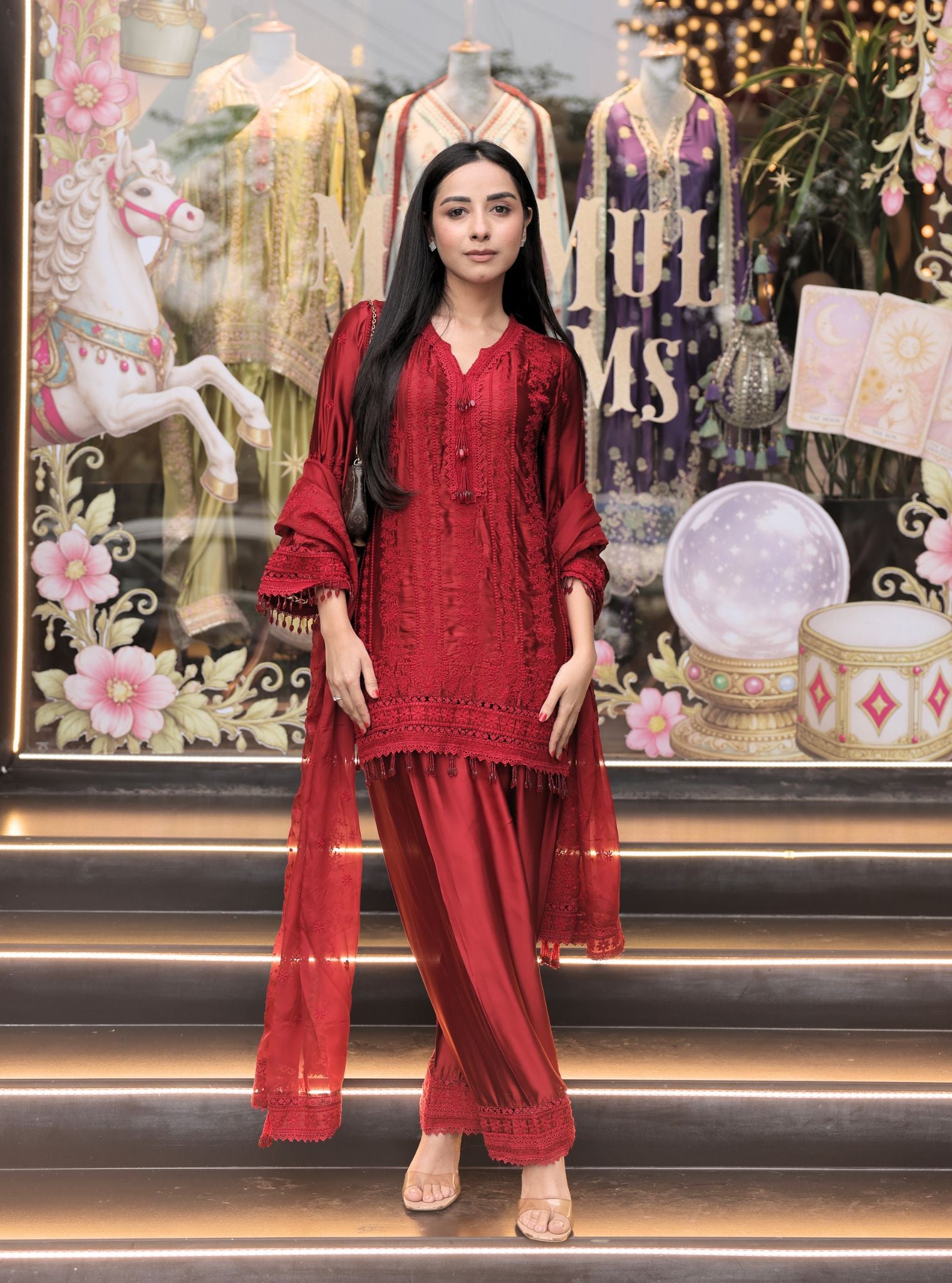 Zuri Cupro Satin Red Kurta With Farshi Salwar