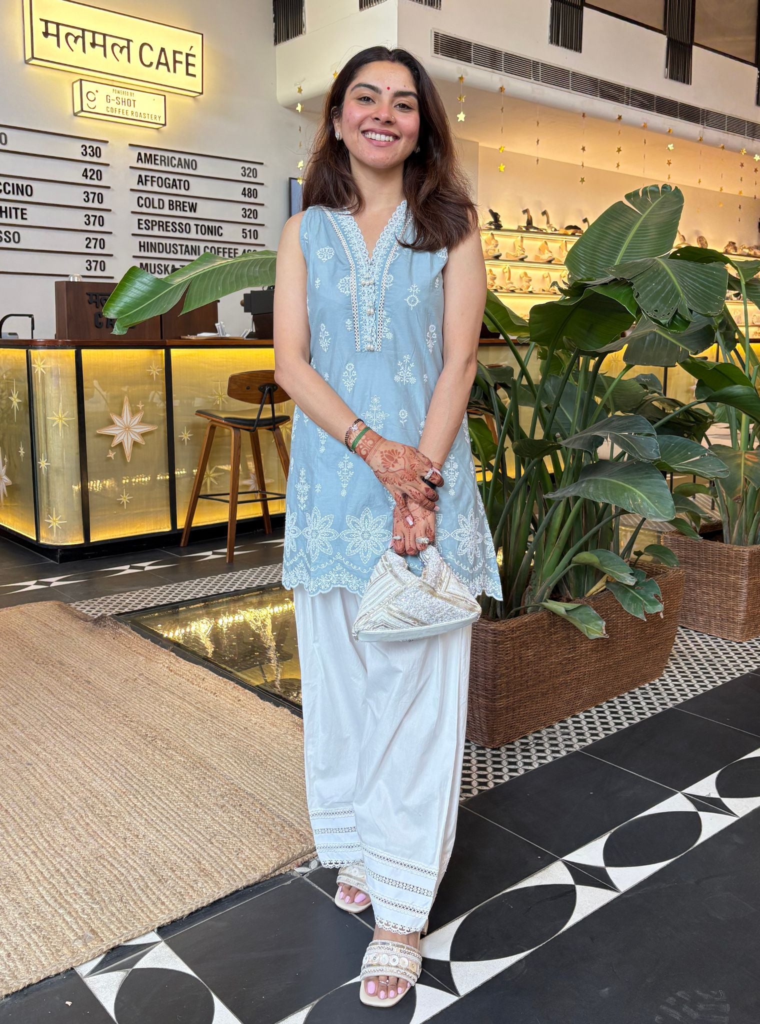 Zoa Supima Cotton Blue Kurta With Viona White Farshi Salwar