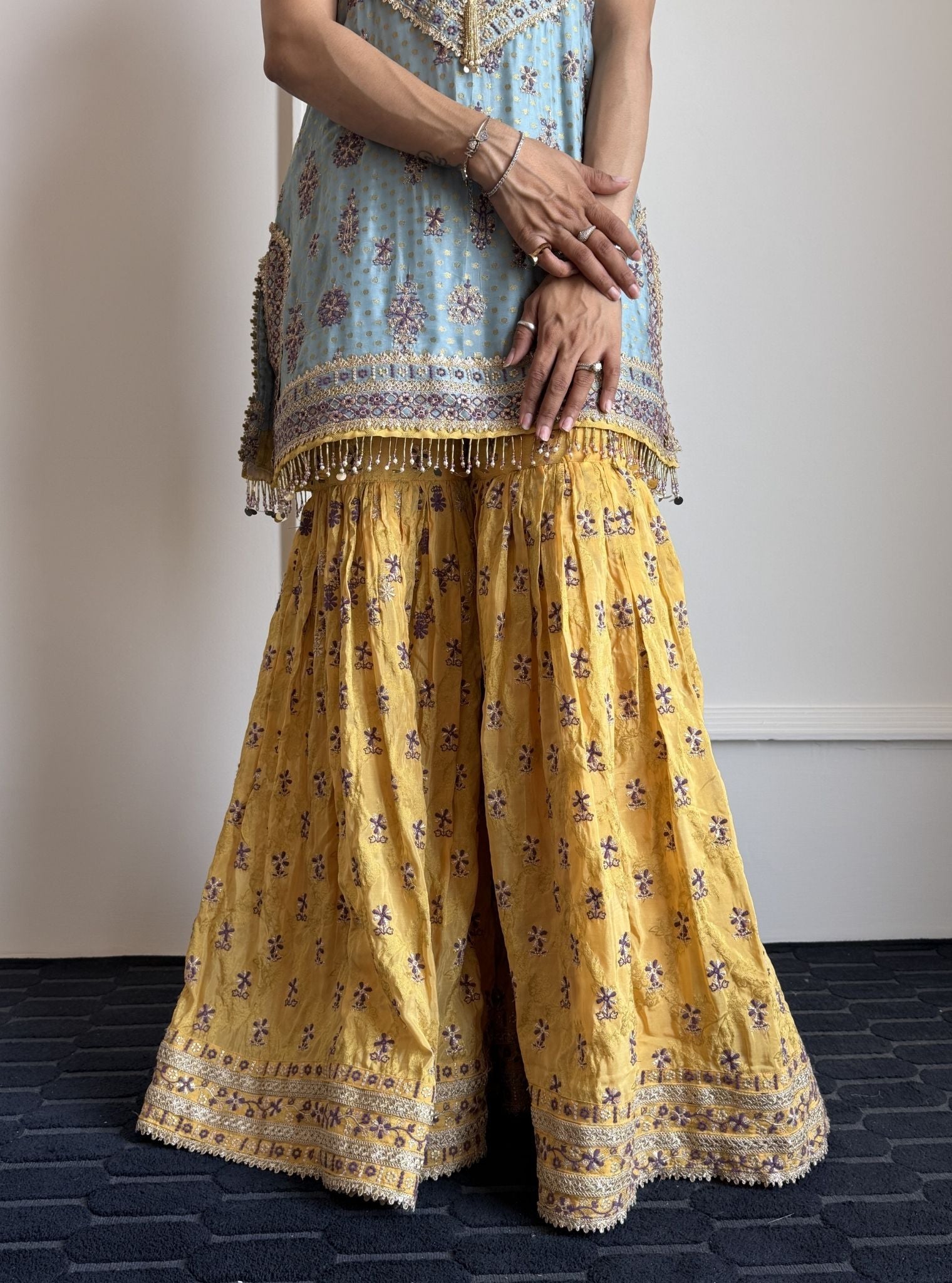 Dali Banarasi Blue Kurta with Mustard Garara