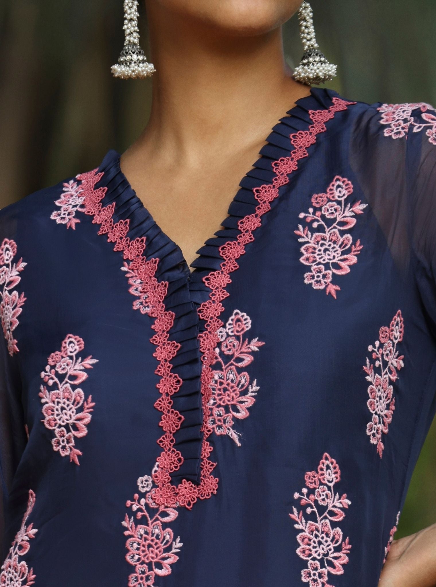 Mulmul Organza Valara Navy Kurta With Mulmul Cotton Valara Navy Pant