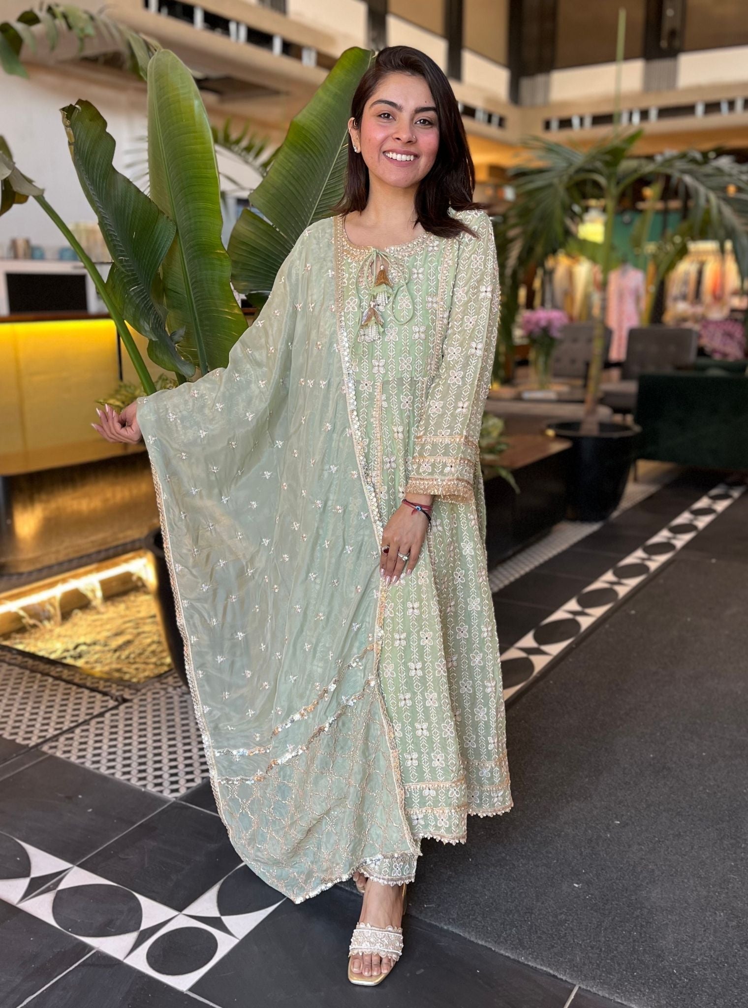 Mulmul Organza Arka Anarkali Green Kurta with Mulmul Pima Arka Green Pant